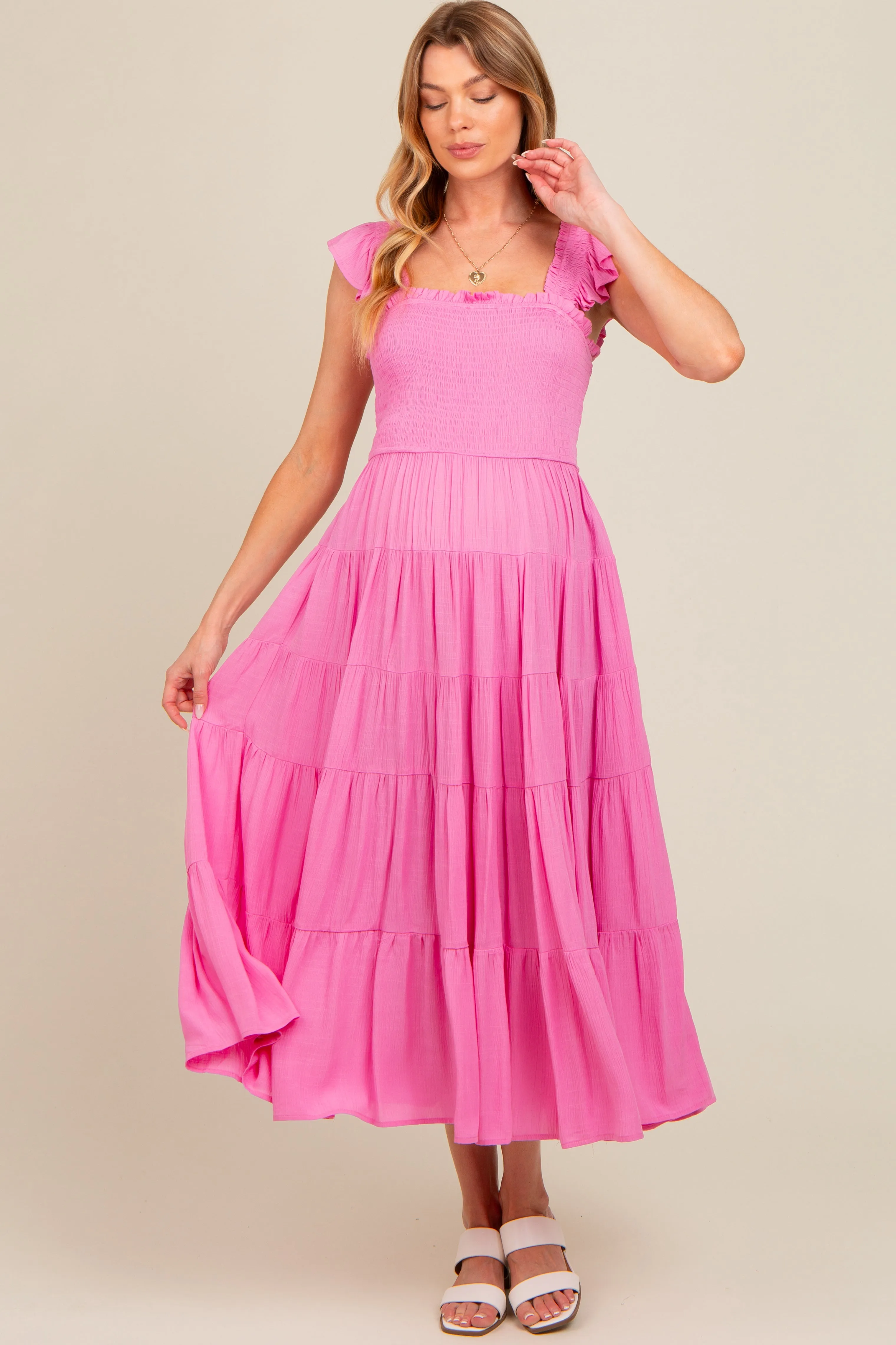 Fuchsia Smocked Tiered Ruffle Strap Maternity Midi Dress sold by Pinkblush product image thumbnail 2