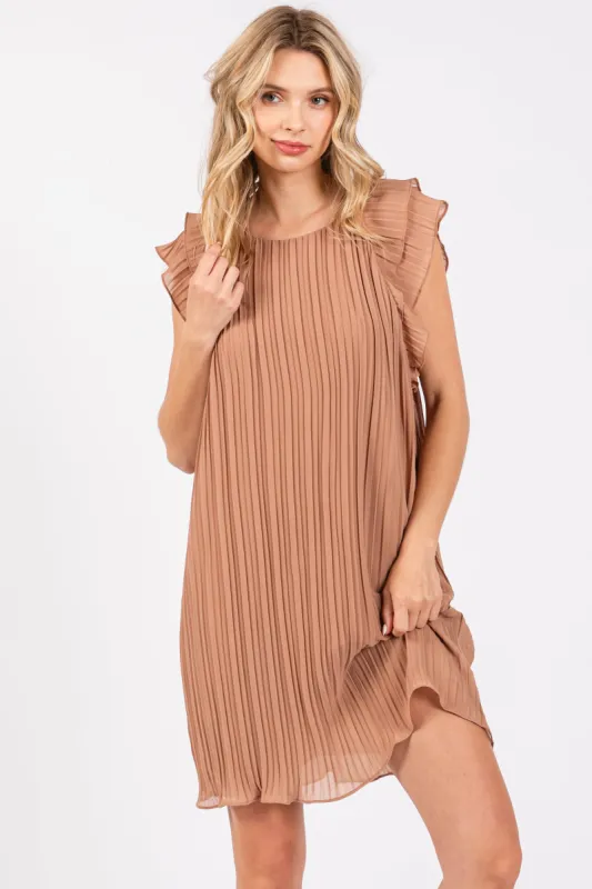 Mocha Flutter Sleeve Pleated Chiffon Mini Dress sold by Pinkblush