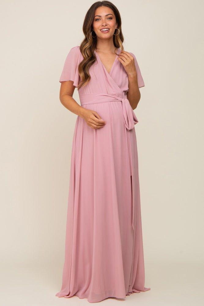 Pink Chiffon Short Sleeve Wrap V-Neck Front Slit Maternity Maxi Dress sold by Pinkblush product image thumbnail 4