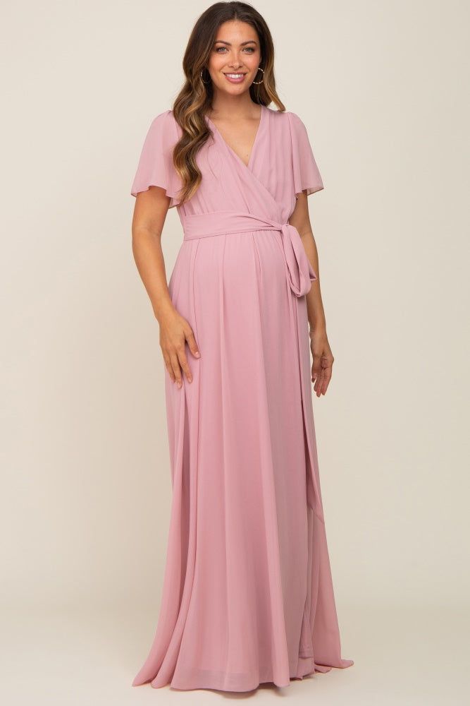 Pink Chiffon Short Sleeve Wrap V-Neck Front Slit Maternity Maxi Dress sold by Pinkblush