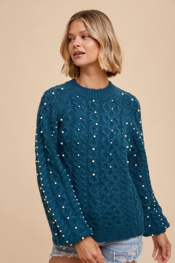 Emerald Pearl Detail Fuzzy Cable Knit Sweater sold by Pinkblush product image thumbnail 2