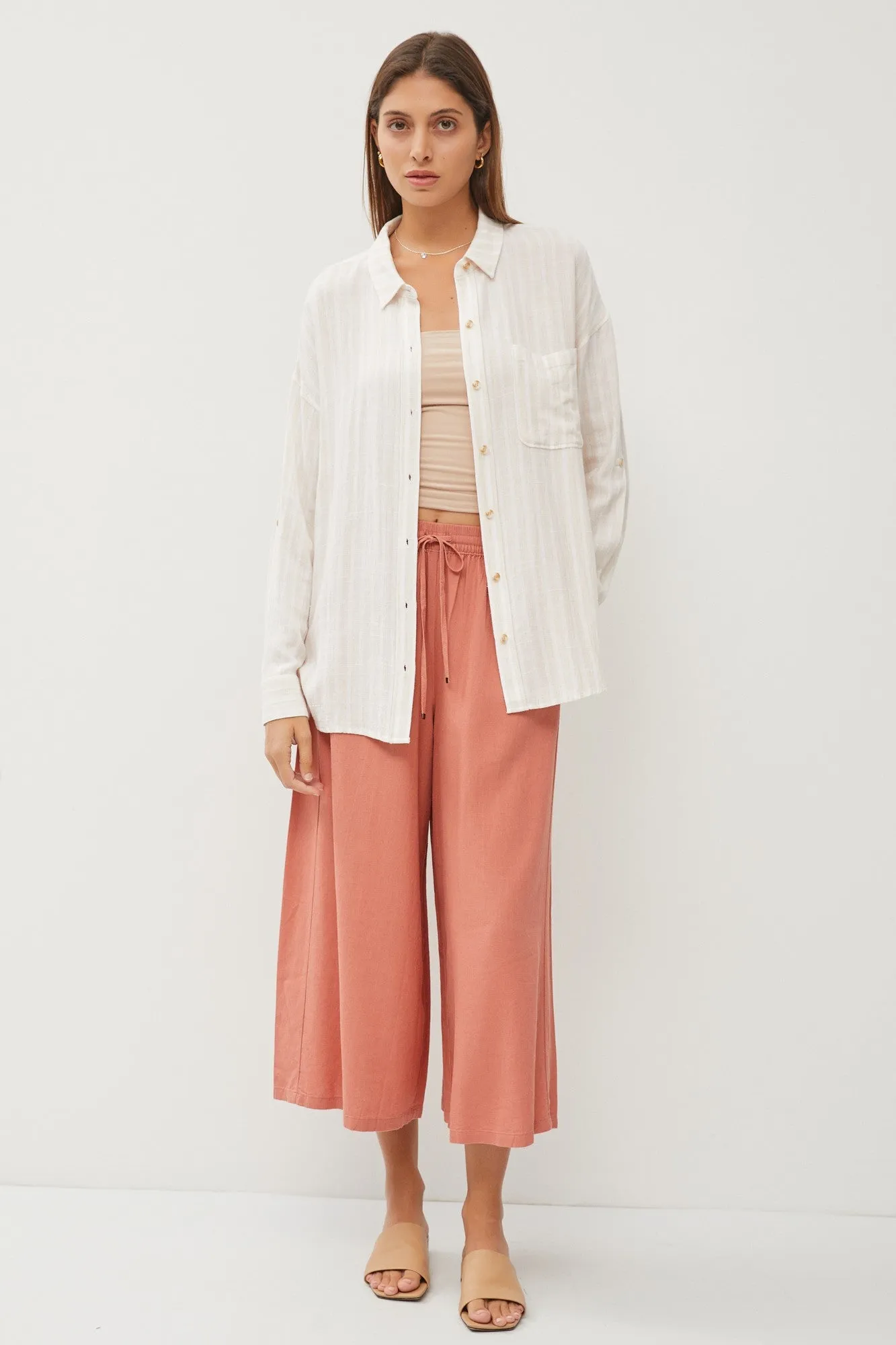 Ivory Striped Linen Button Front Long Sleeve Top sold by Pinkblush product image thumbnail 3