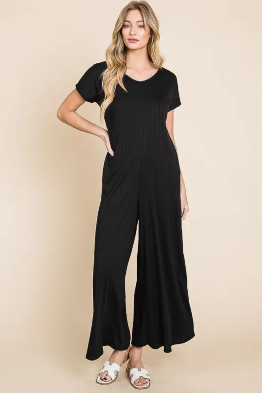 Black Ribbed Wide Leg Jumpsuit sold by Pinkblush