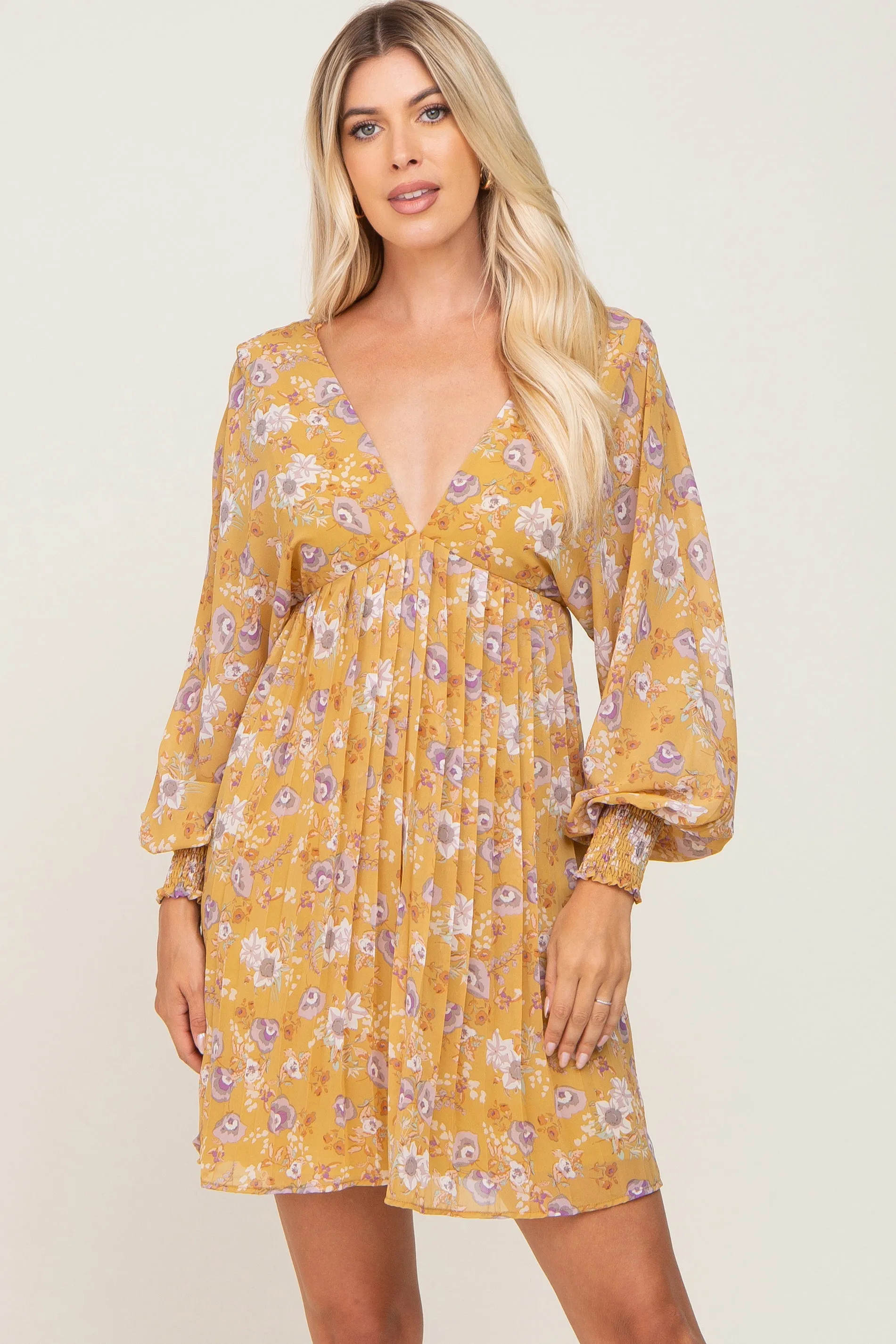 Yellow Floral Chiffon Pleated Long Sleeve Dress sold by Pinkblush