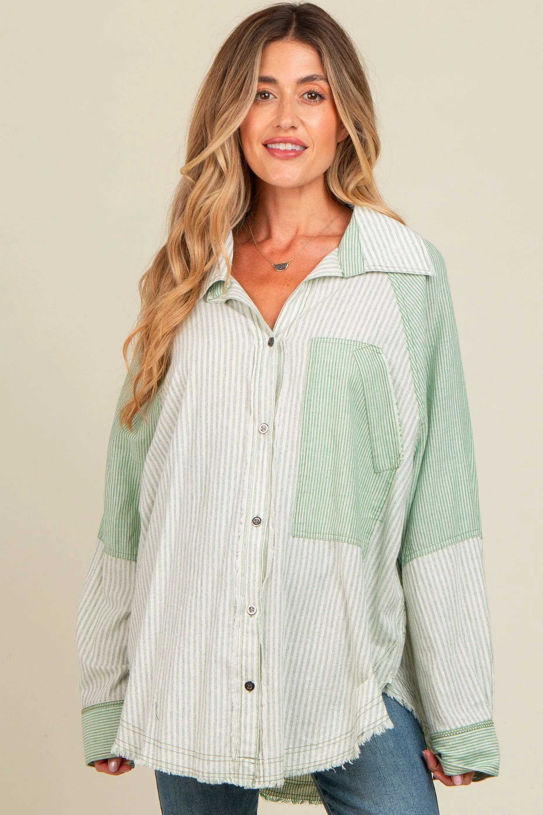 Light Olive Striped Button Down Oversized Long Sleeve Maternity Top sold by Pinkblush product image thumbnail 2