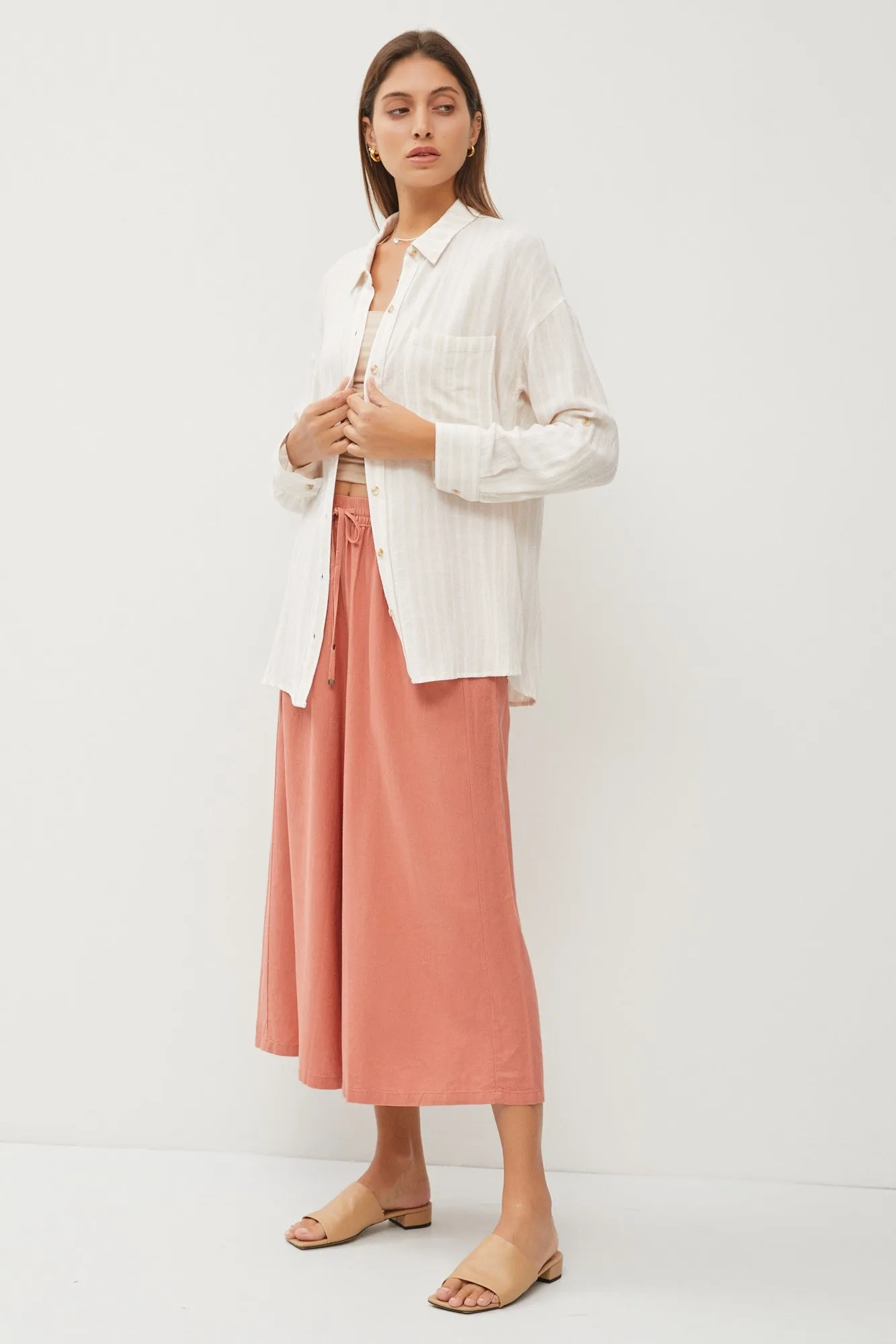 Ivory Striped Linen Button Front Long Sleeve Top sold by Pinkblush product image thumbnail 4
