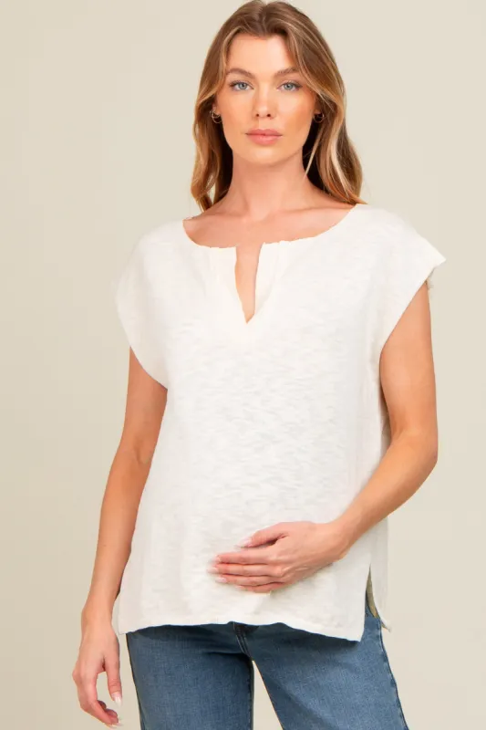 Ivory Two Tone Split V-Neck Dolman Short Sleeve Maternity Top sold by Pinkblush