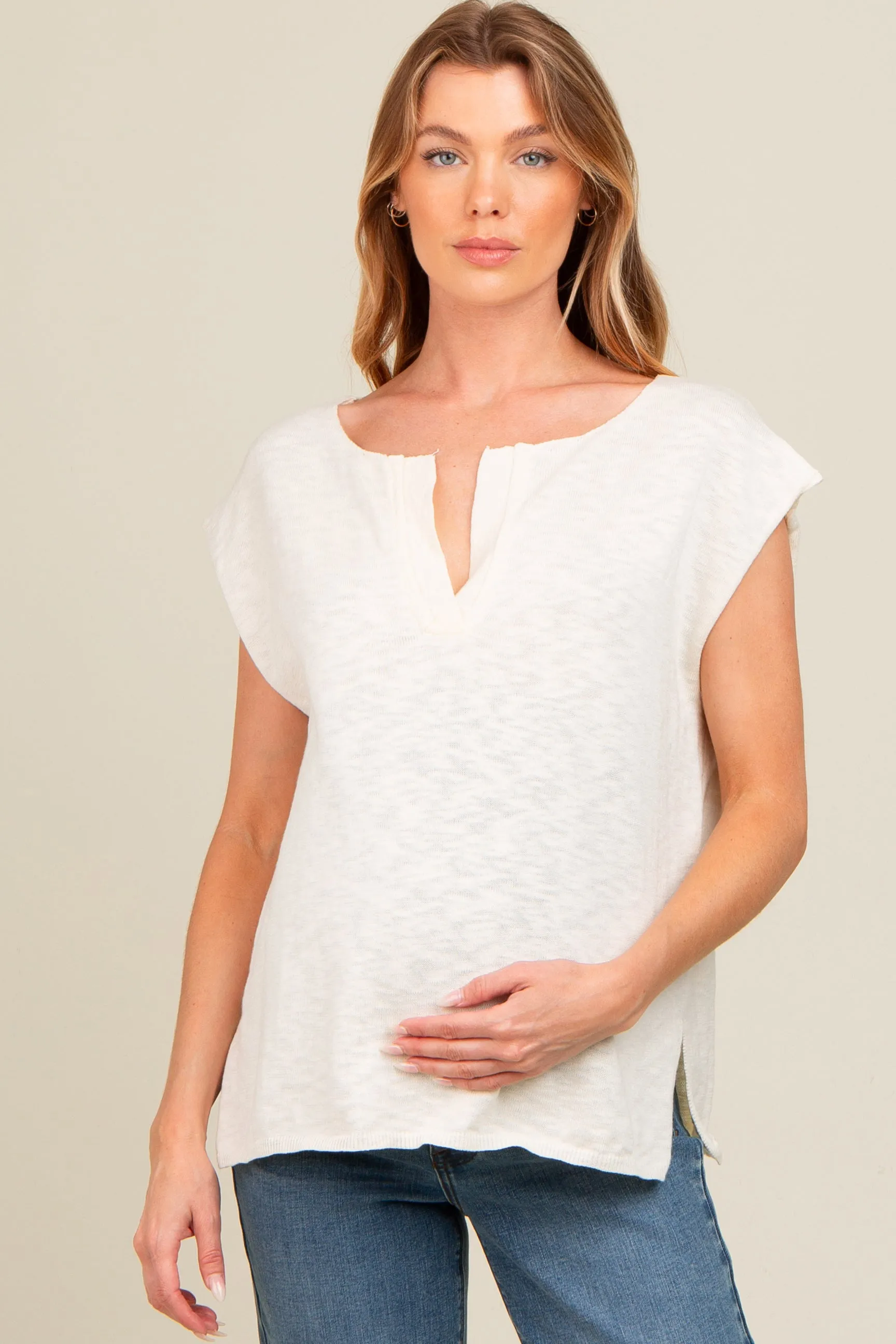 Ivory Two Tone Split V-Neck Dolman Short Sleeve Maternity Top sold by Pinkblush