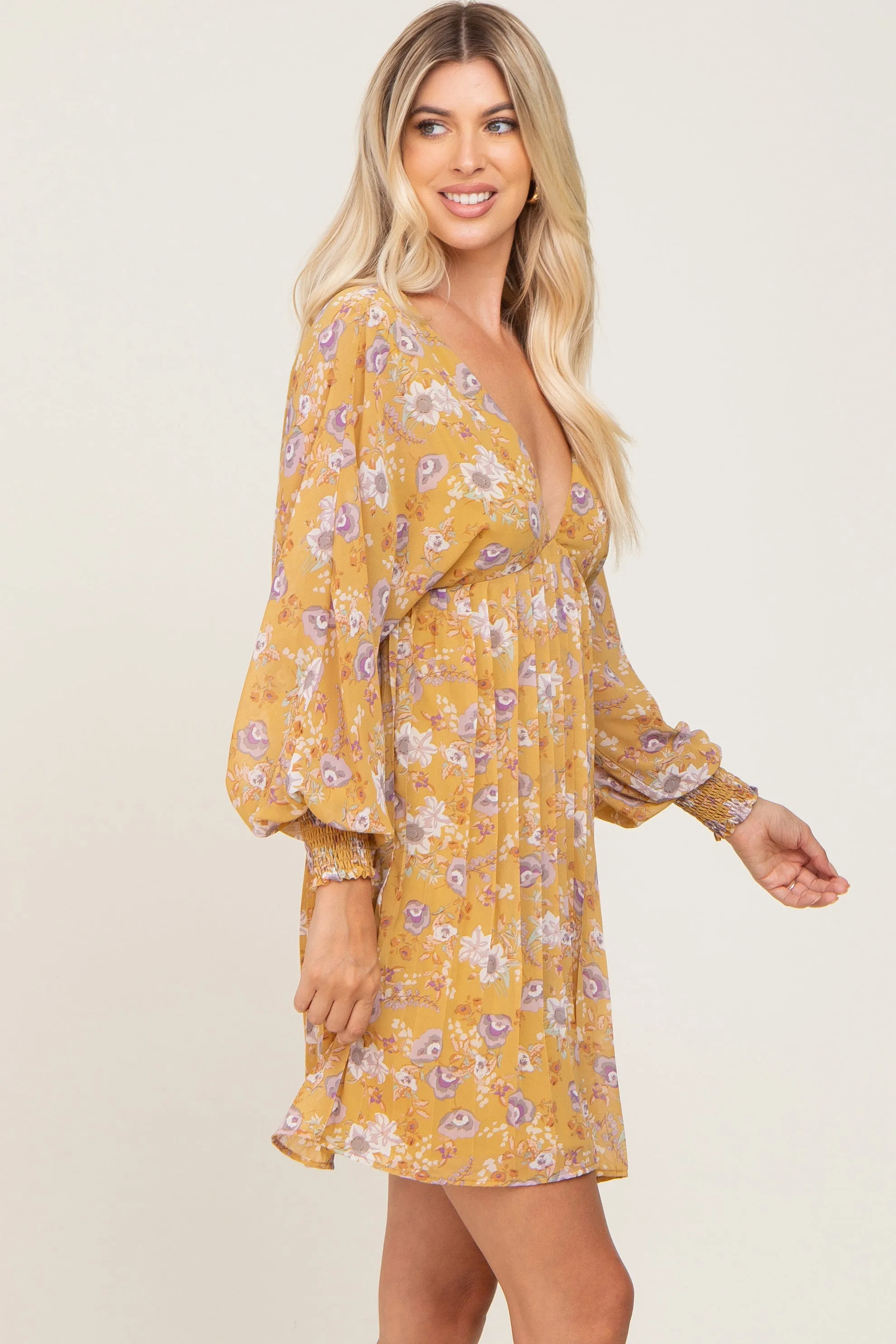 Yellow Floral Chiffon Pleated Long Sleeve Dress sold by Pinkblush product image thumbnail 2