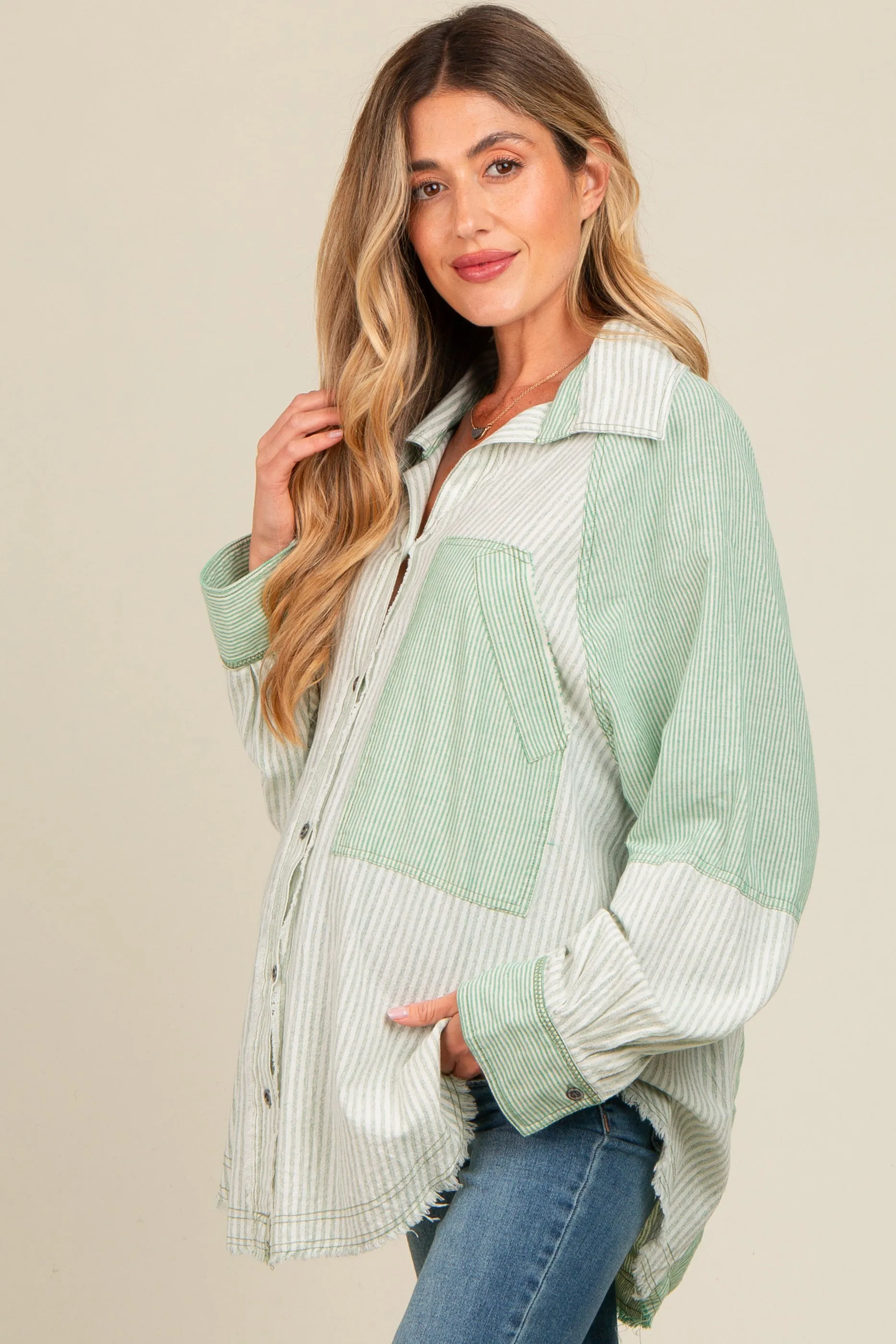 Light Olive Striped Button Down Oversized Long Sleeve Maternity Top sold by Pinkblush product image thumbnail 3