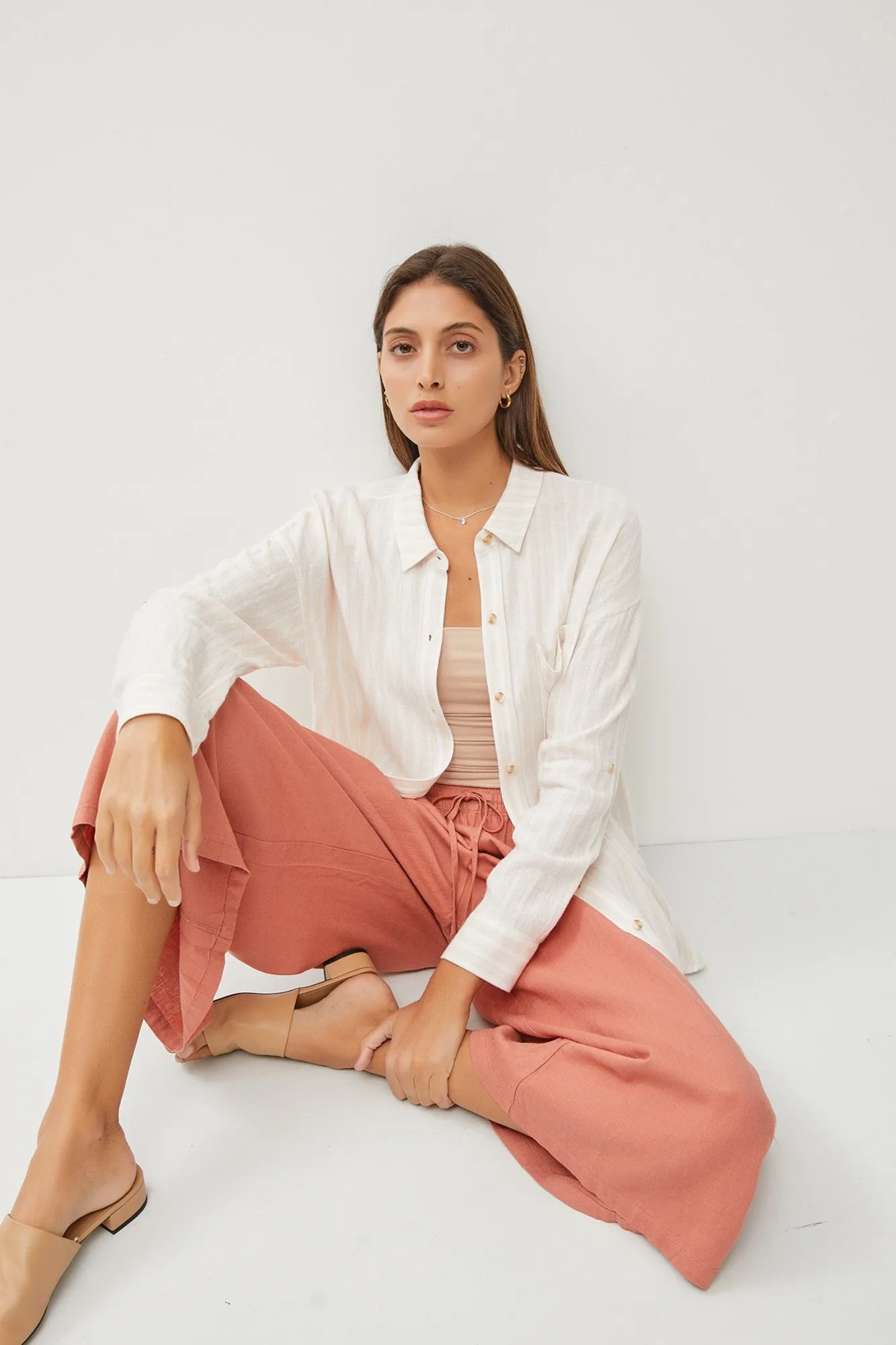 Ivory Striped Linen Button Front Long Sleeve Top sold by Pinkblush product image thumbnail 2