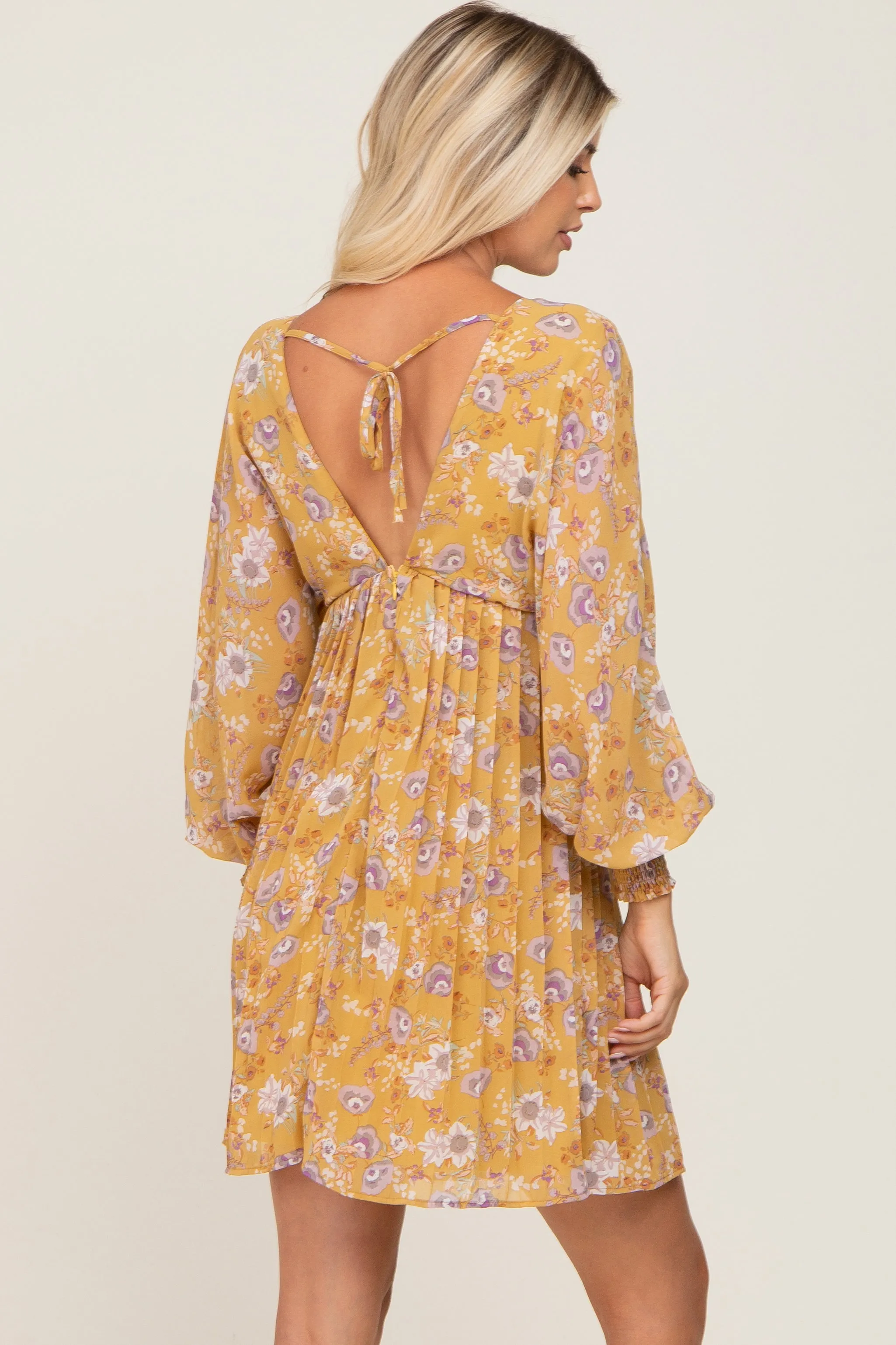 Yellow Floral Chiffon Pleated Long Sleeve Dress sold by Pinkblush product image thumbnail 3