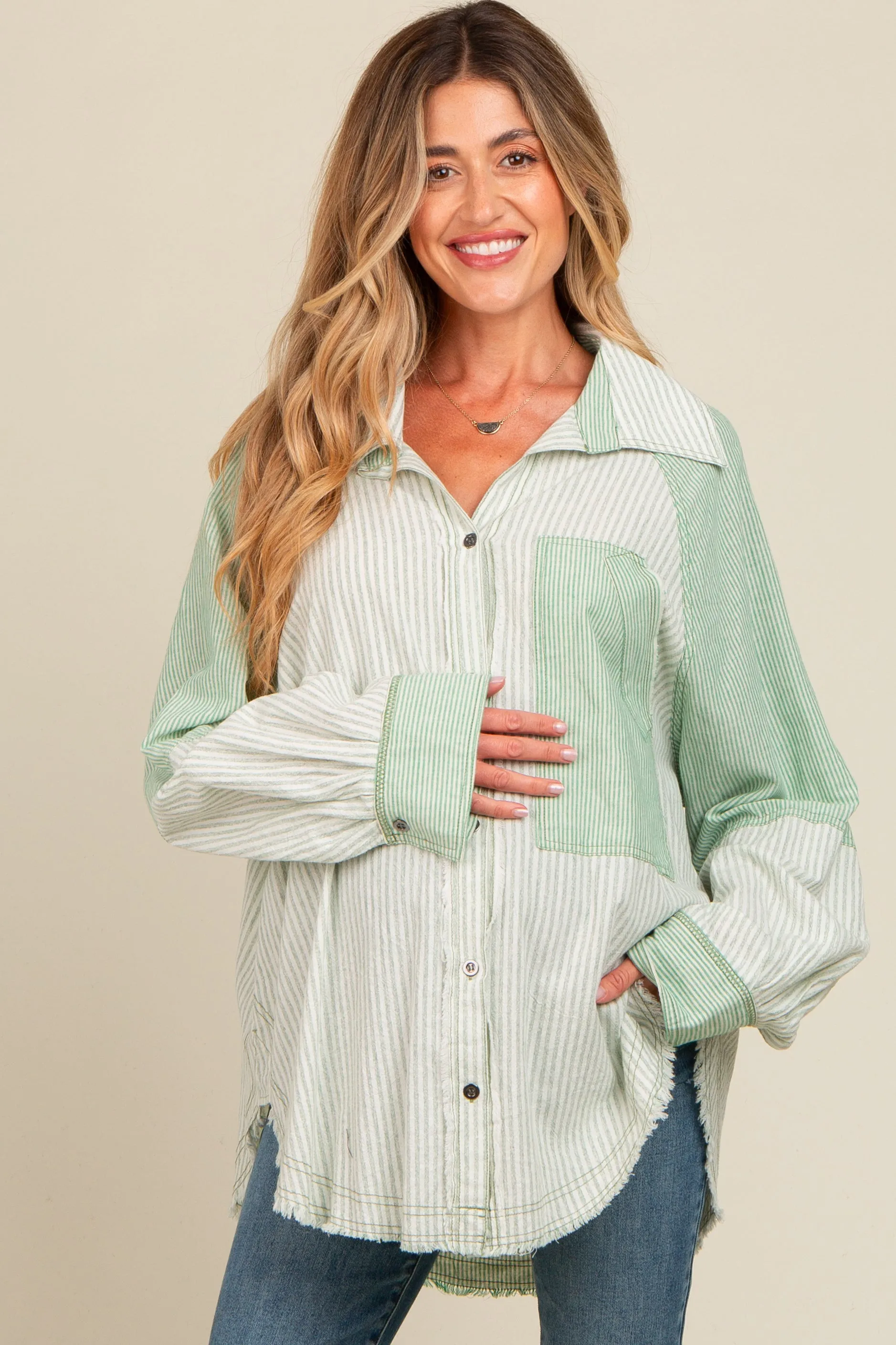 Light Olive Striped Button Down Oversized Long Sleeve Maternity Top sold by Pinkblush