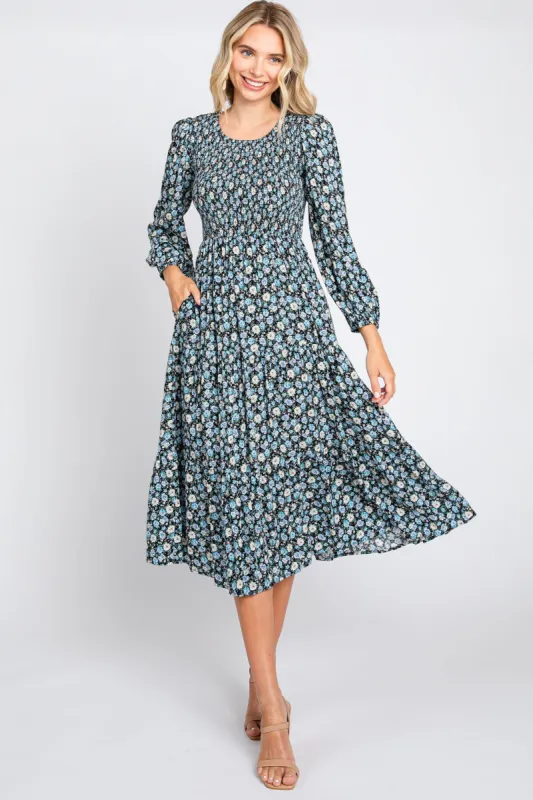 Black Floral Smocked 3/4 Sleeve Midi Dress sold by Pinkblush