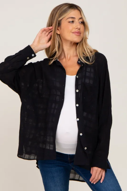 Black Sheer Button Up Hi-Lo Maternity Top sold by Pinkblush