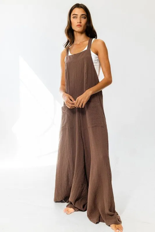 Brown Drawstring Tie Jumpsuit With Pockets sold by Pinkblush