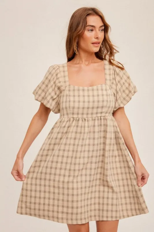 Taupe Plaid Square Neck Short Puff Sleeve Dress sold by Pinkblush