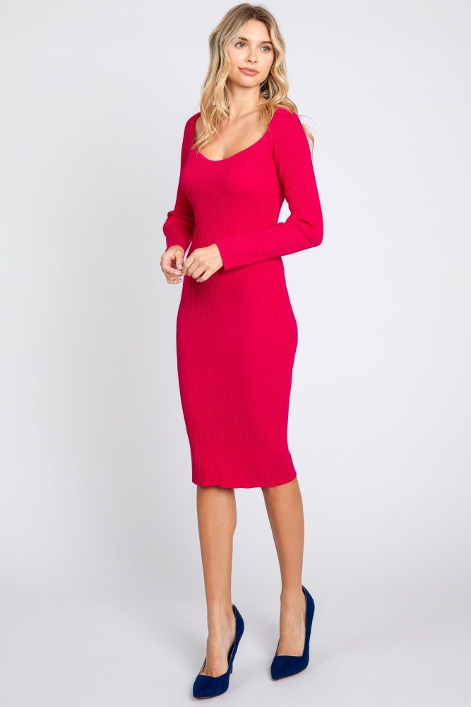 Fuchsia Ribbed Knit Fitted Long Sleeve Dress sold by Pinkblush product image thumbnail 4