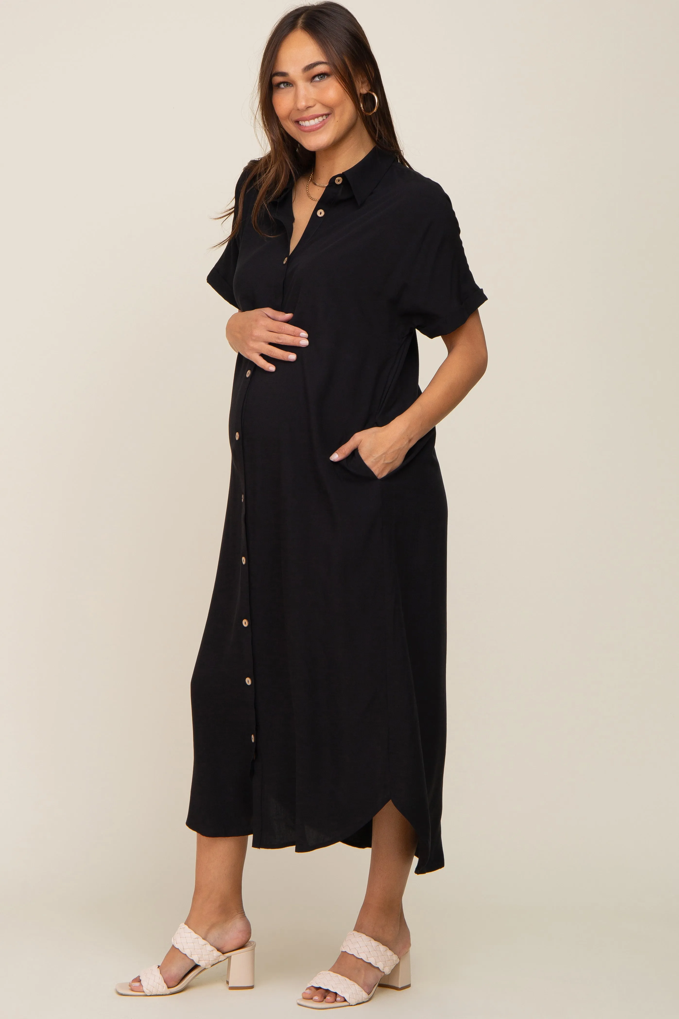Black Button Down Maternity Midi Dress sold by Pinkblush product image thumbnail 2