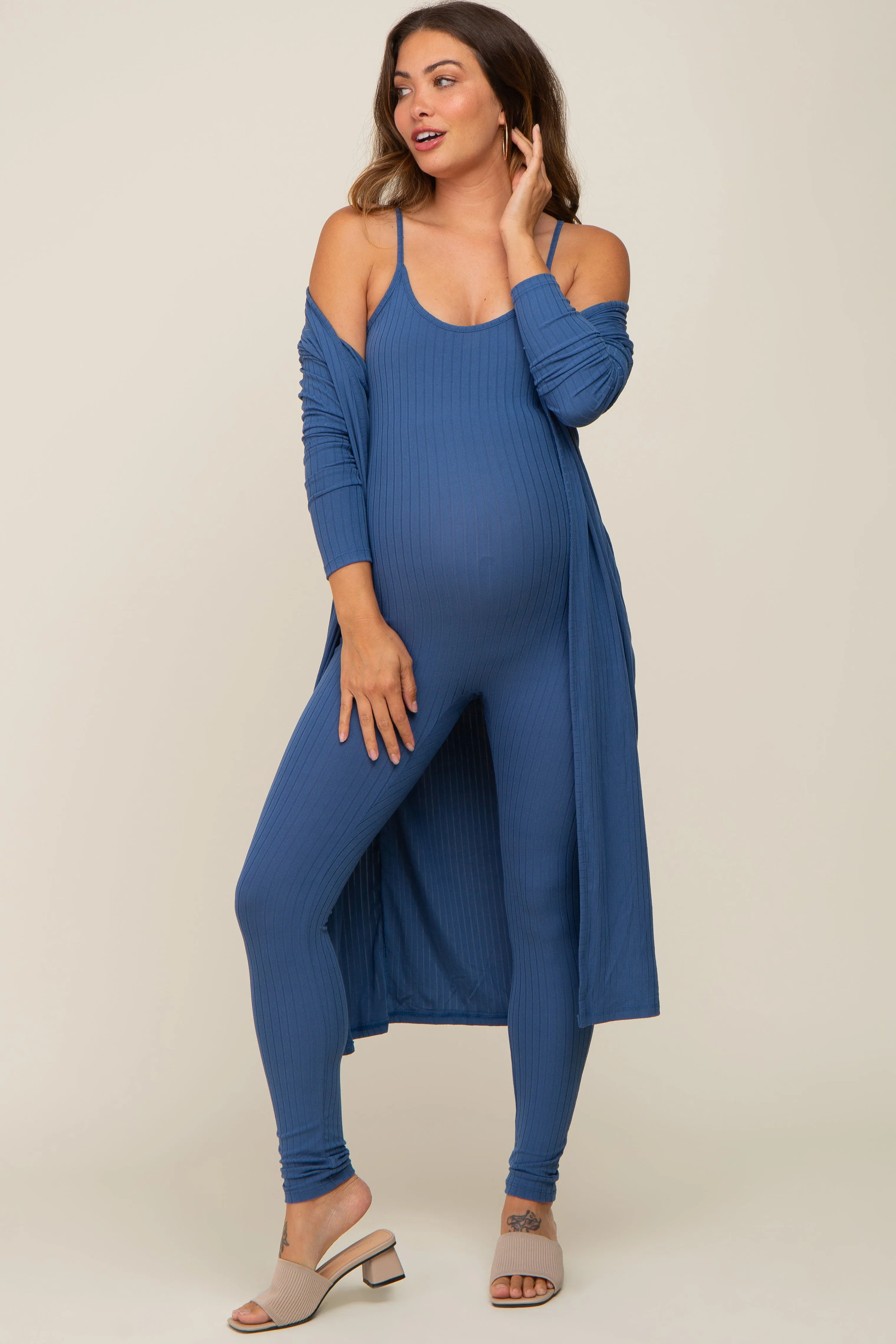 Blue Ribbed Maternity Jumpsuit Set sold by Pinkblush product image thumbnail 4