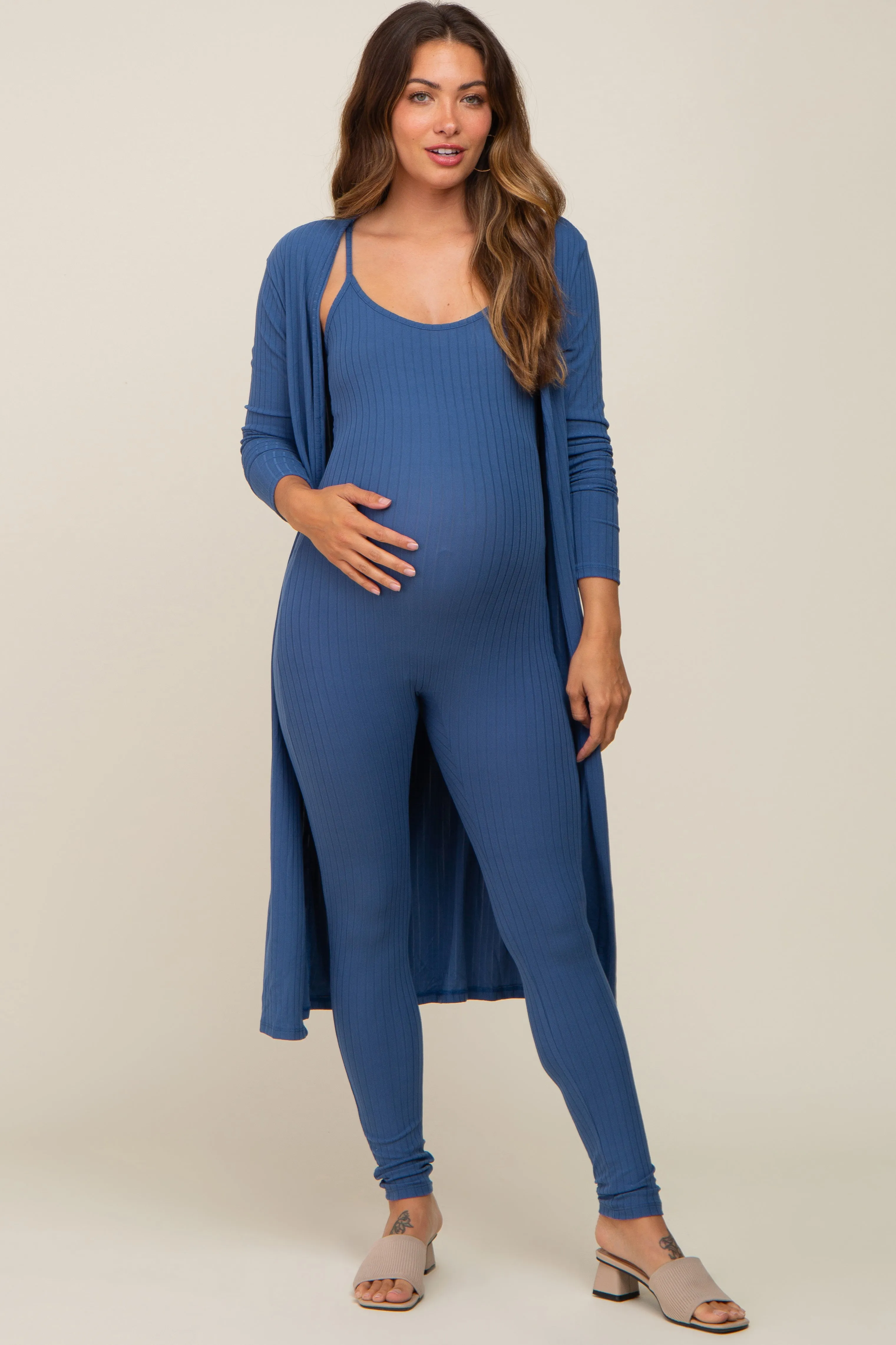 Blue Ribbed Maternity Jumpsuit Set sold by Pinkblush