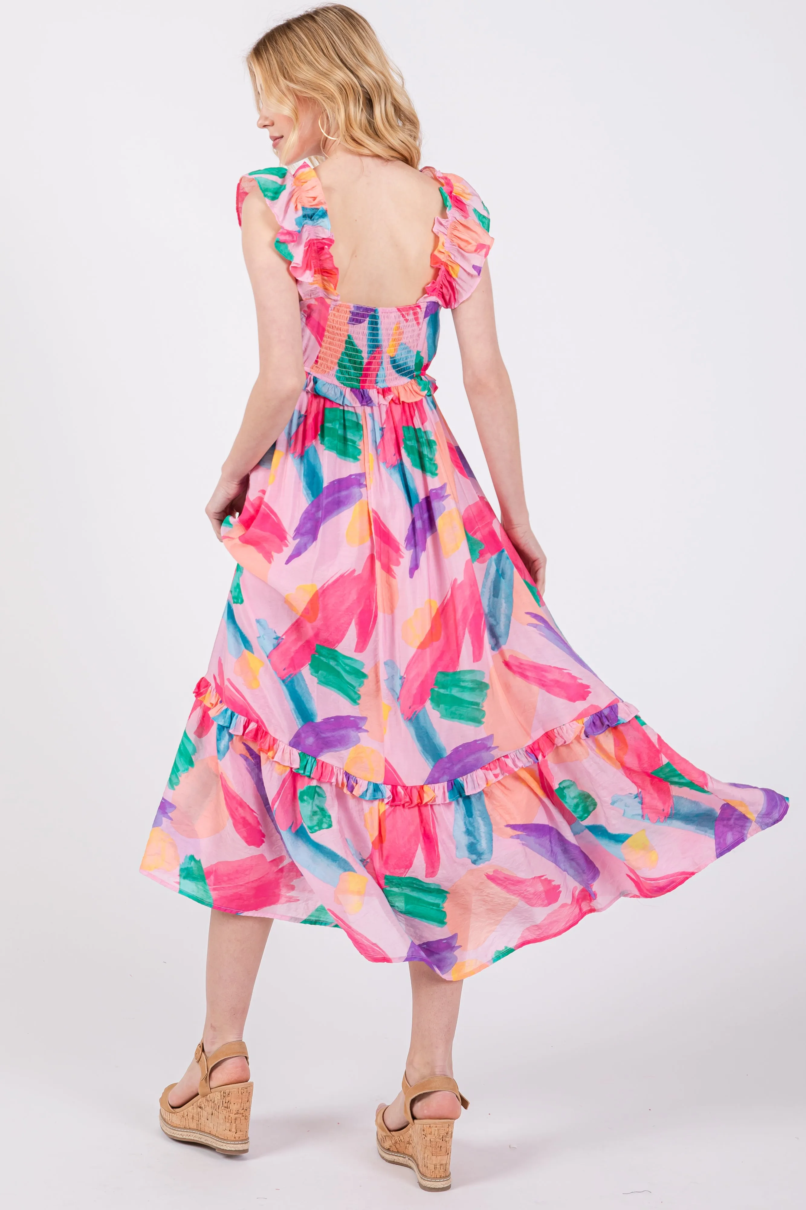 Pink Watercolor Print Ruffle Accent Midi Dress sold by Pinkblush product image thumbnail 3