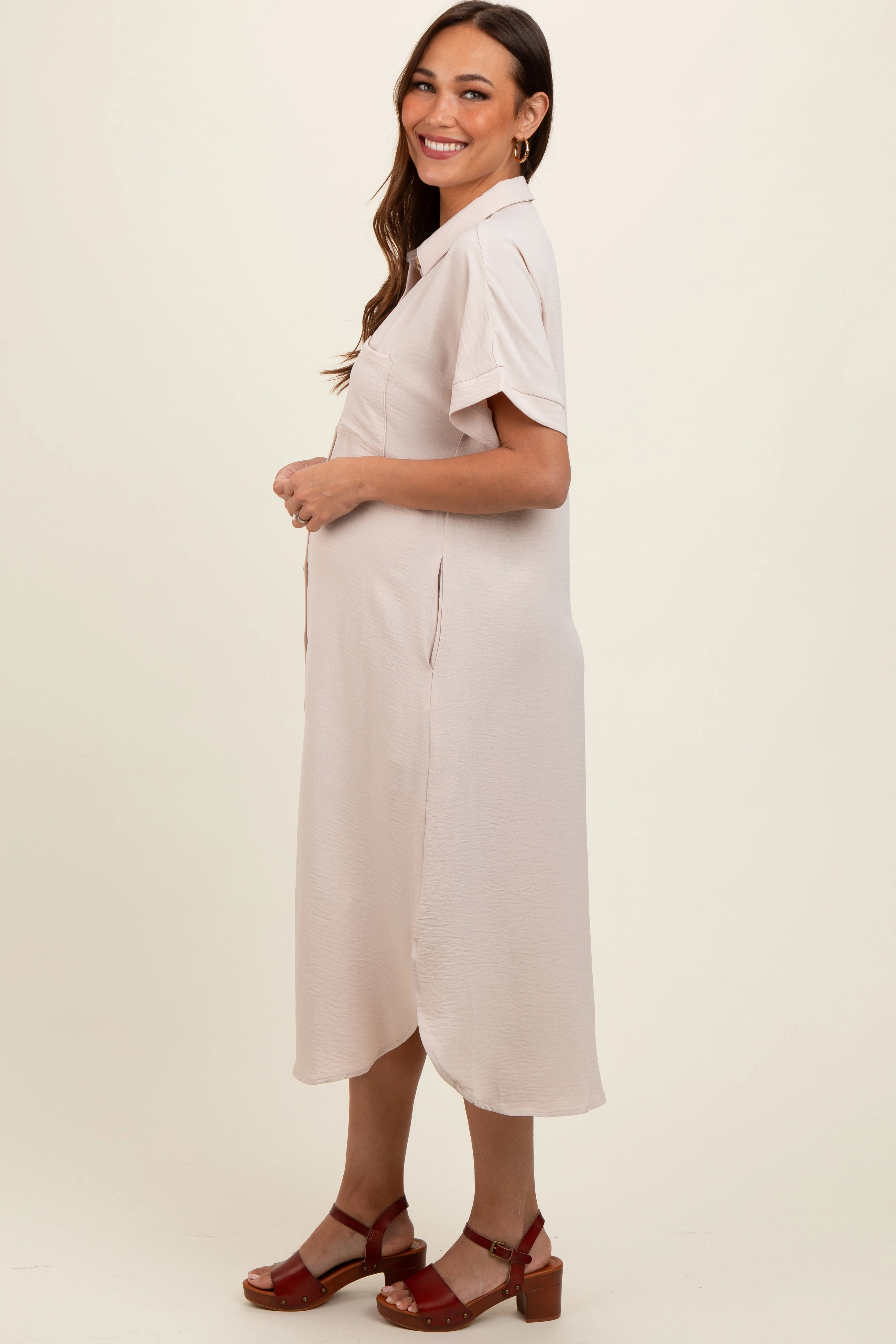 Beige Button Down Front Pocket Maternity Midi Dress sold by Pinkblush product image thumbnail 3