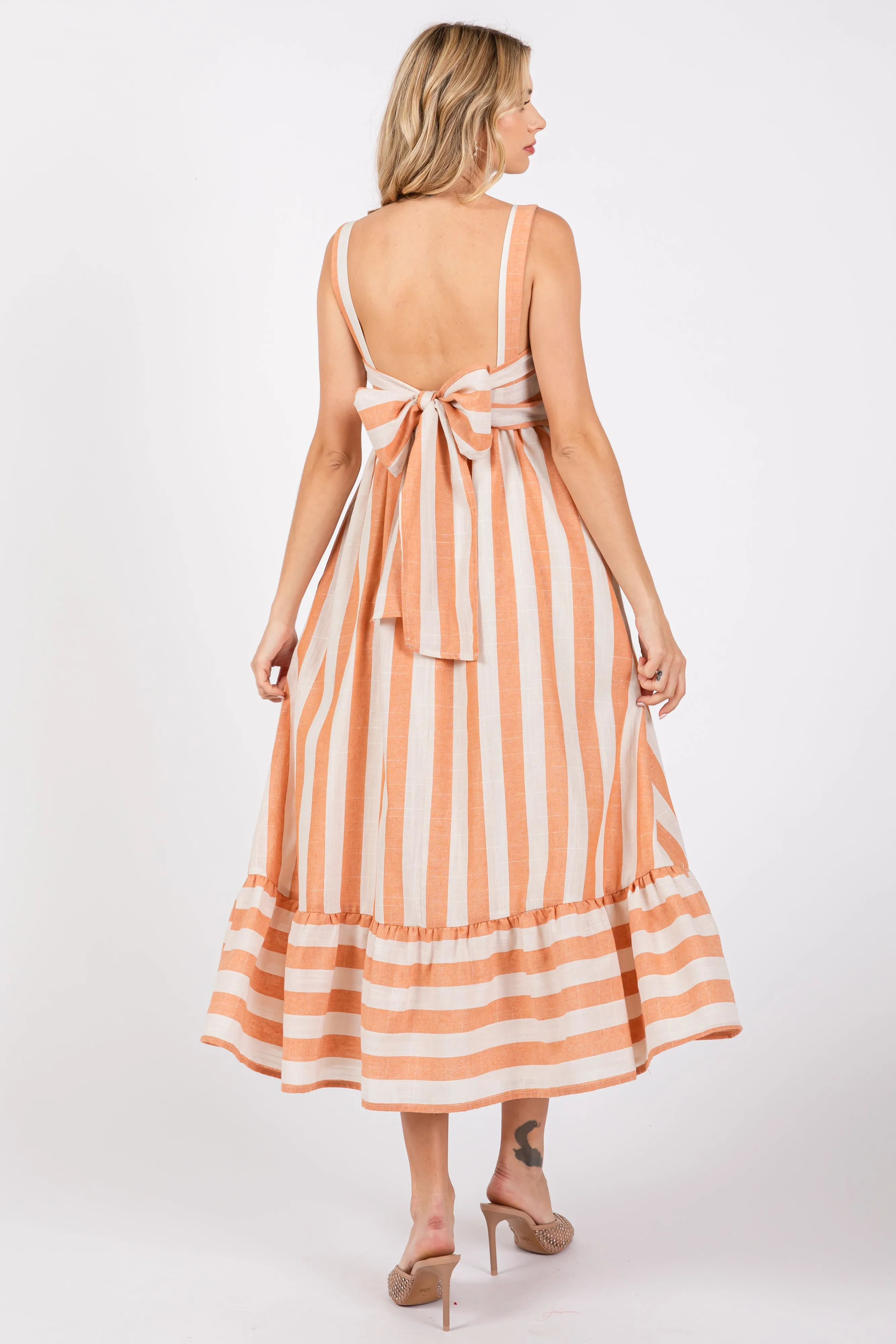 Orange Linen Striped Tie Back Midi Dress sold by Pinkblush product image thumbnail 3