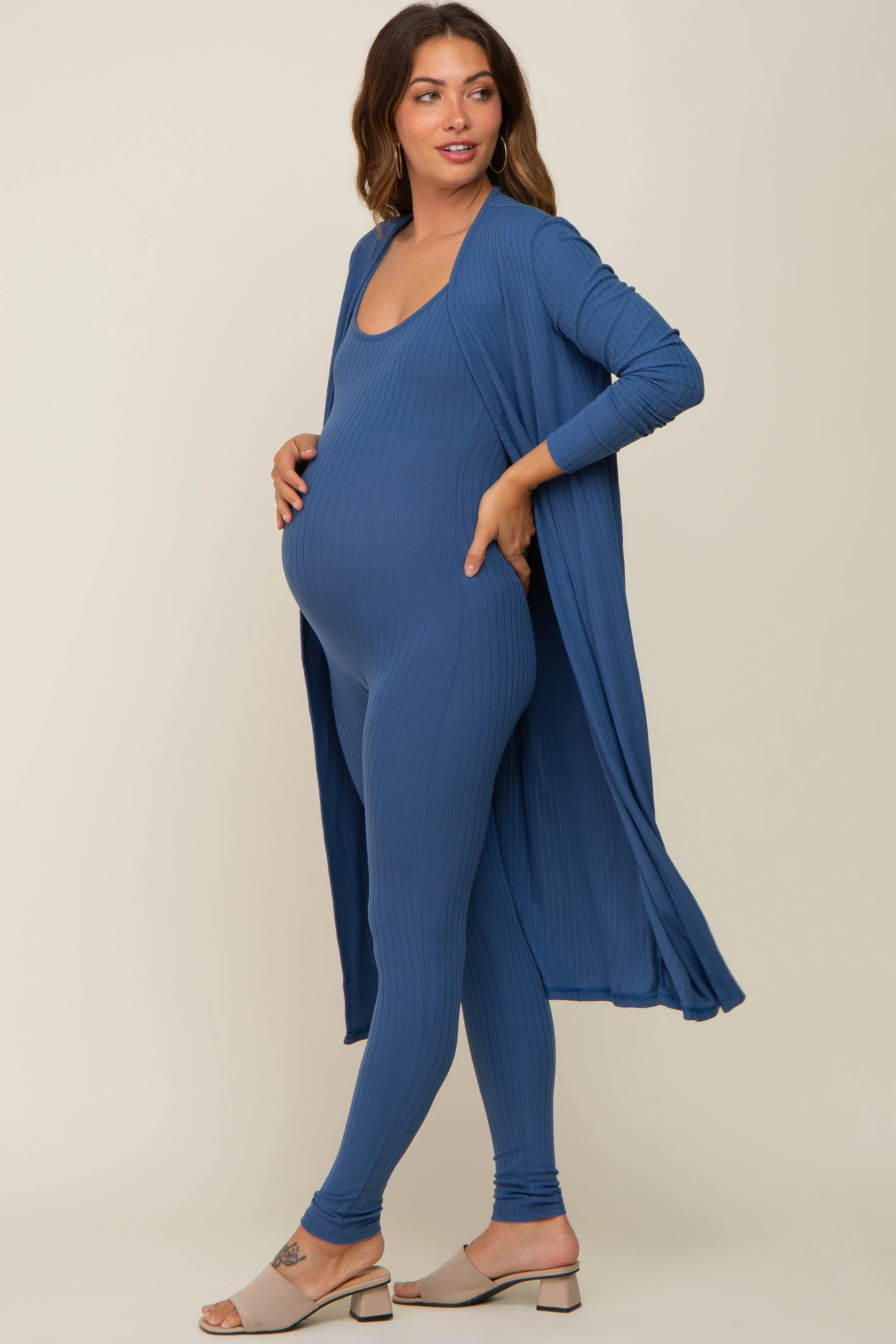 Blue Ribbed Maternity Jumpsuit Set sold by Pinkblush product image thumbnail 2