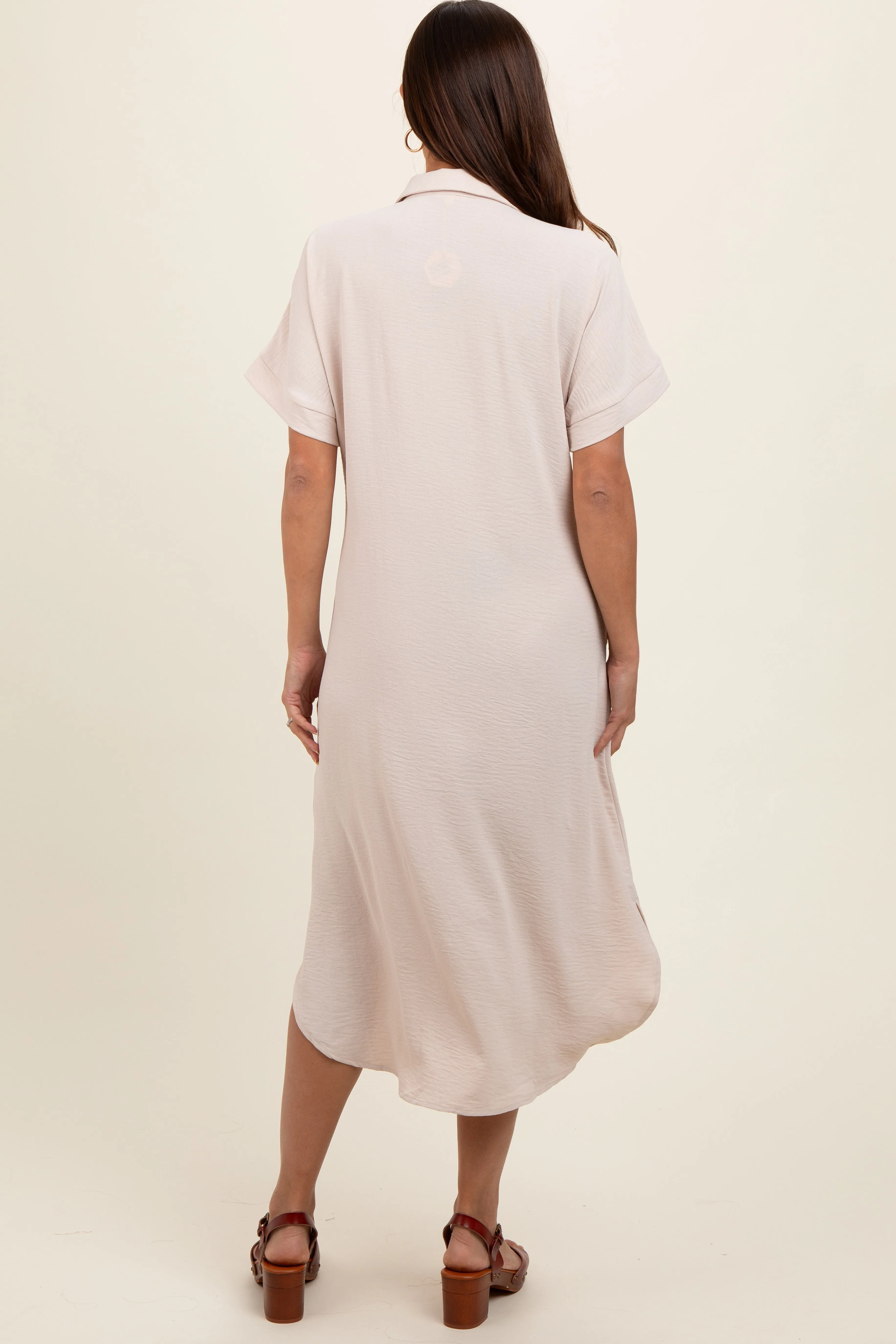 Beige Button Down Front Pocket Maternity Midi Dress sold by Pinkblush product image thumbnail 4