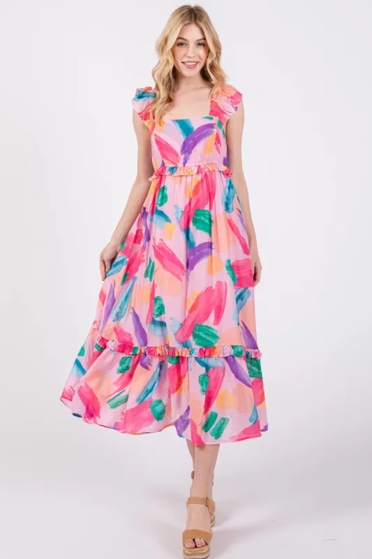 Pink Watercolor Print Ruffle Accent Midi Dress sold by Pinkblush