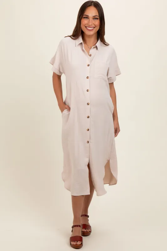 Beige Button Down Front Pocket Maternity Midi Dress sold by Pinkblush
