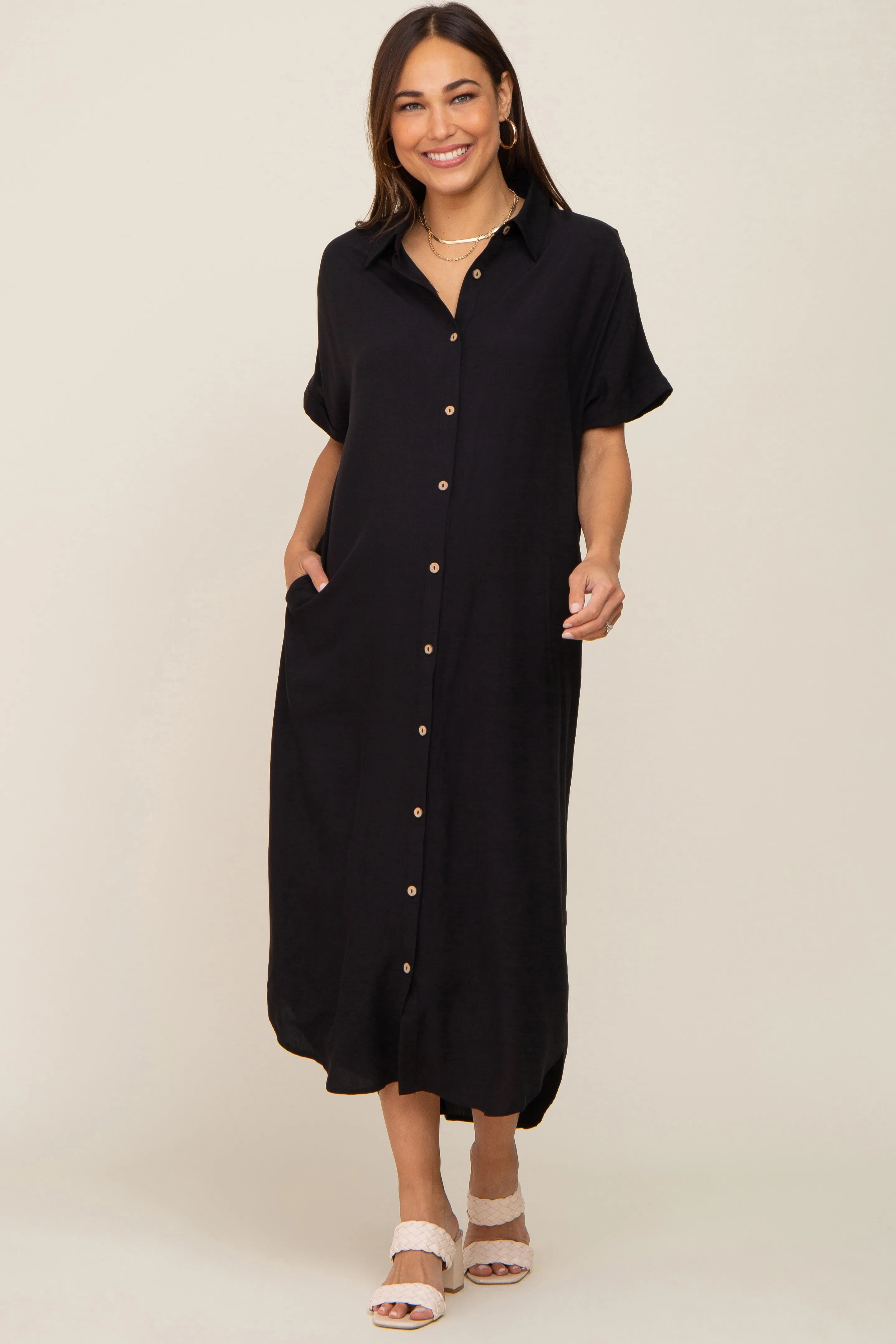 Black Button Down Maternity Midi Dress sold by Pinkblush