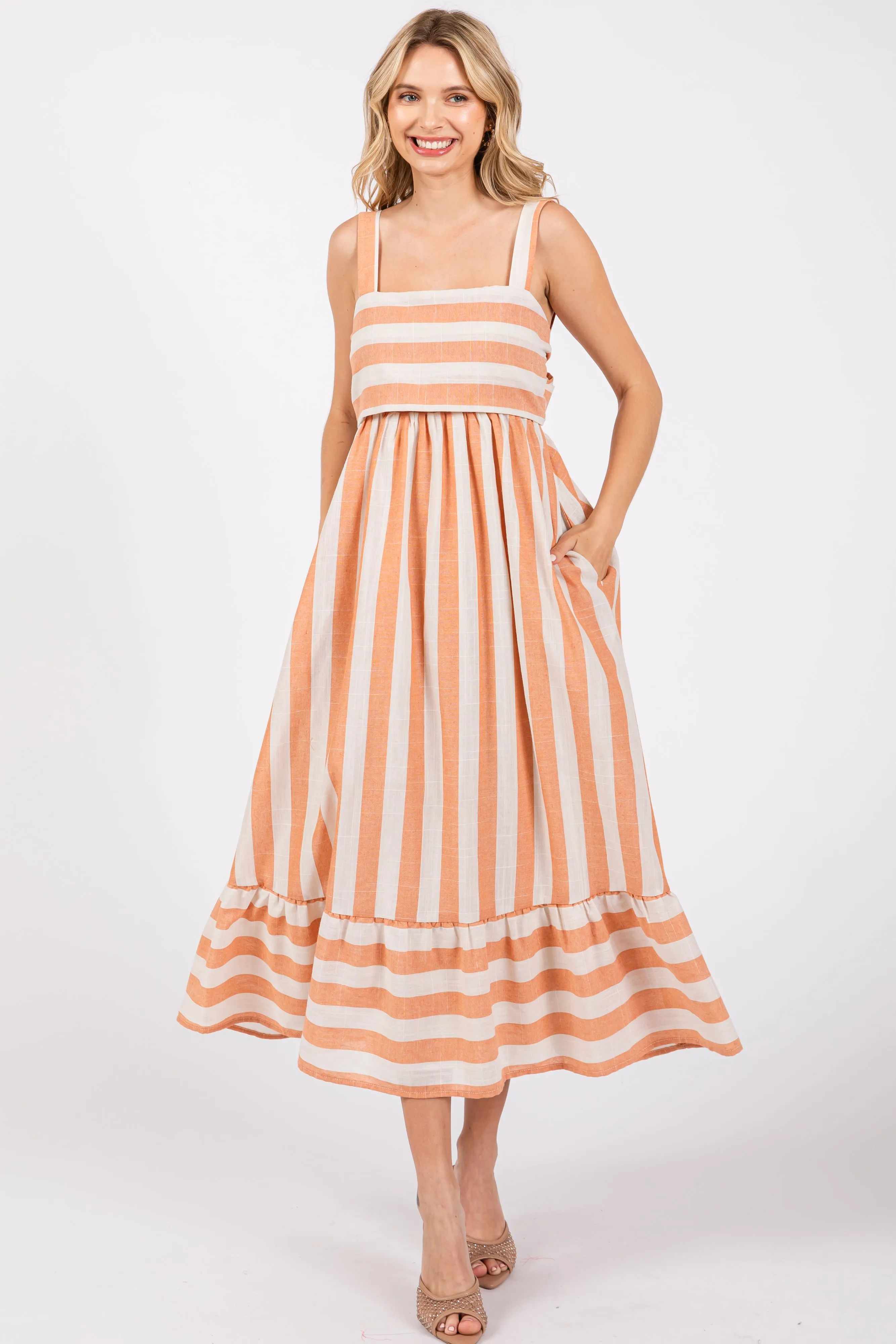 Orange Linen Striped Tie Back Midi Dress sold by Pinkblush