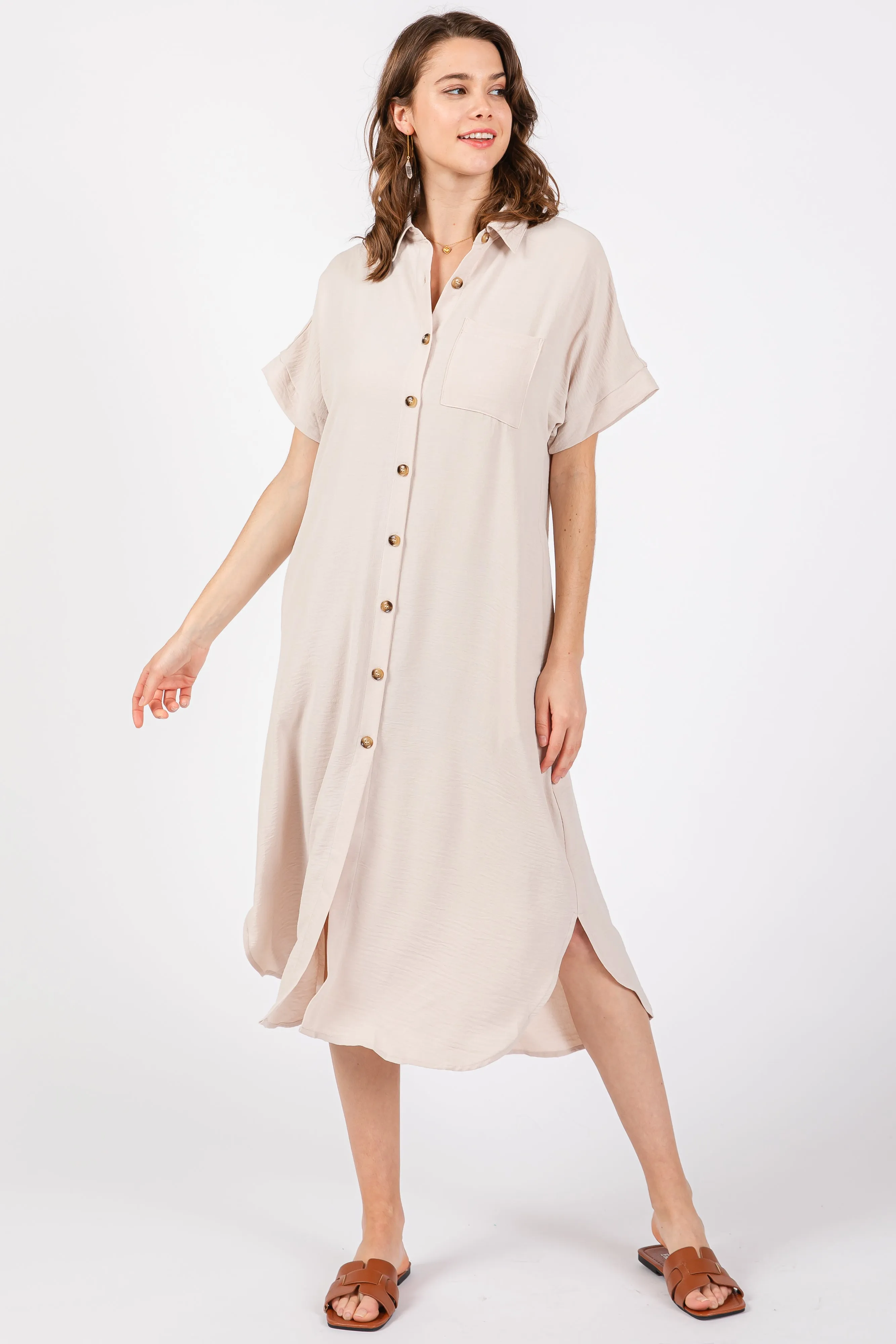 Beige Button Down Front Pocket Maternity Midi Dress sold by Pinkblush product image thumbnail 5