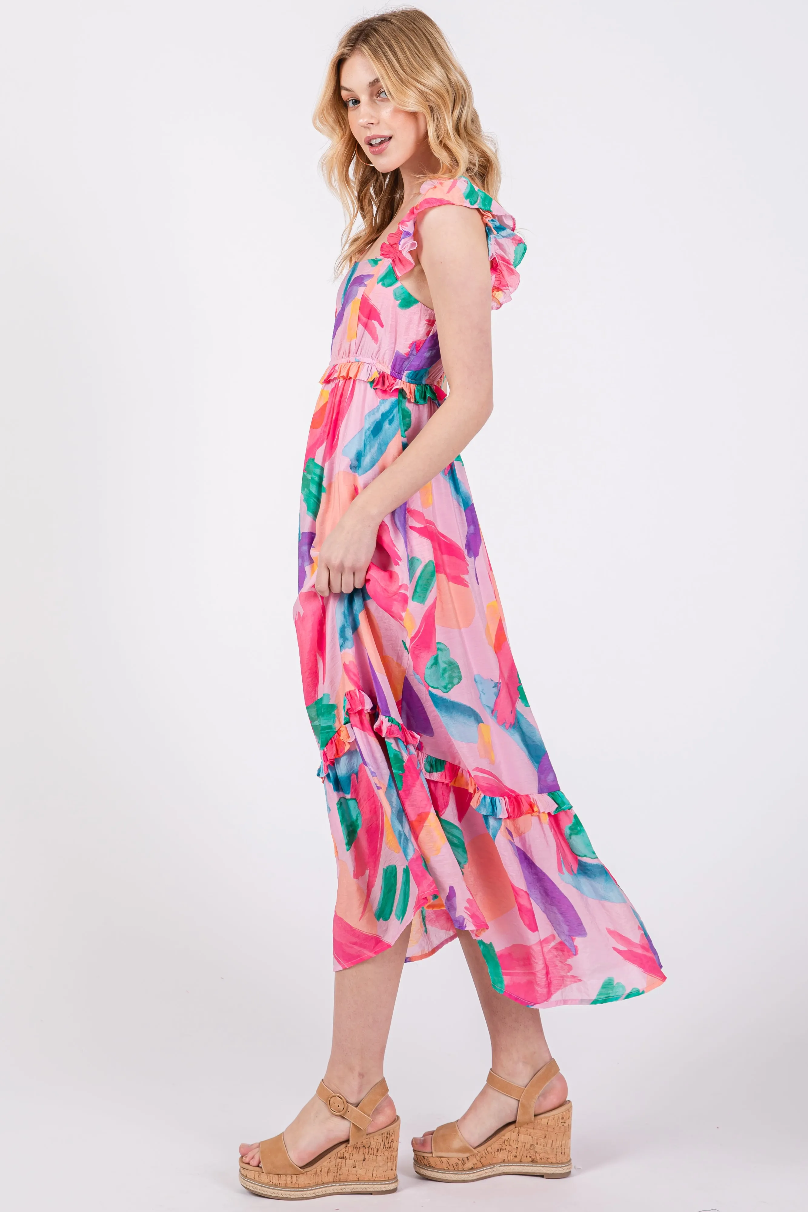 Pink Watercolor Print Ruffle Accent Midi Dress sold by Pinkblush product image thumbnail 2