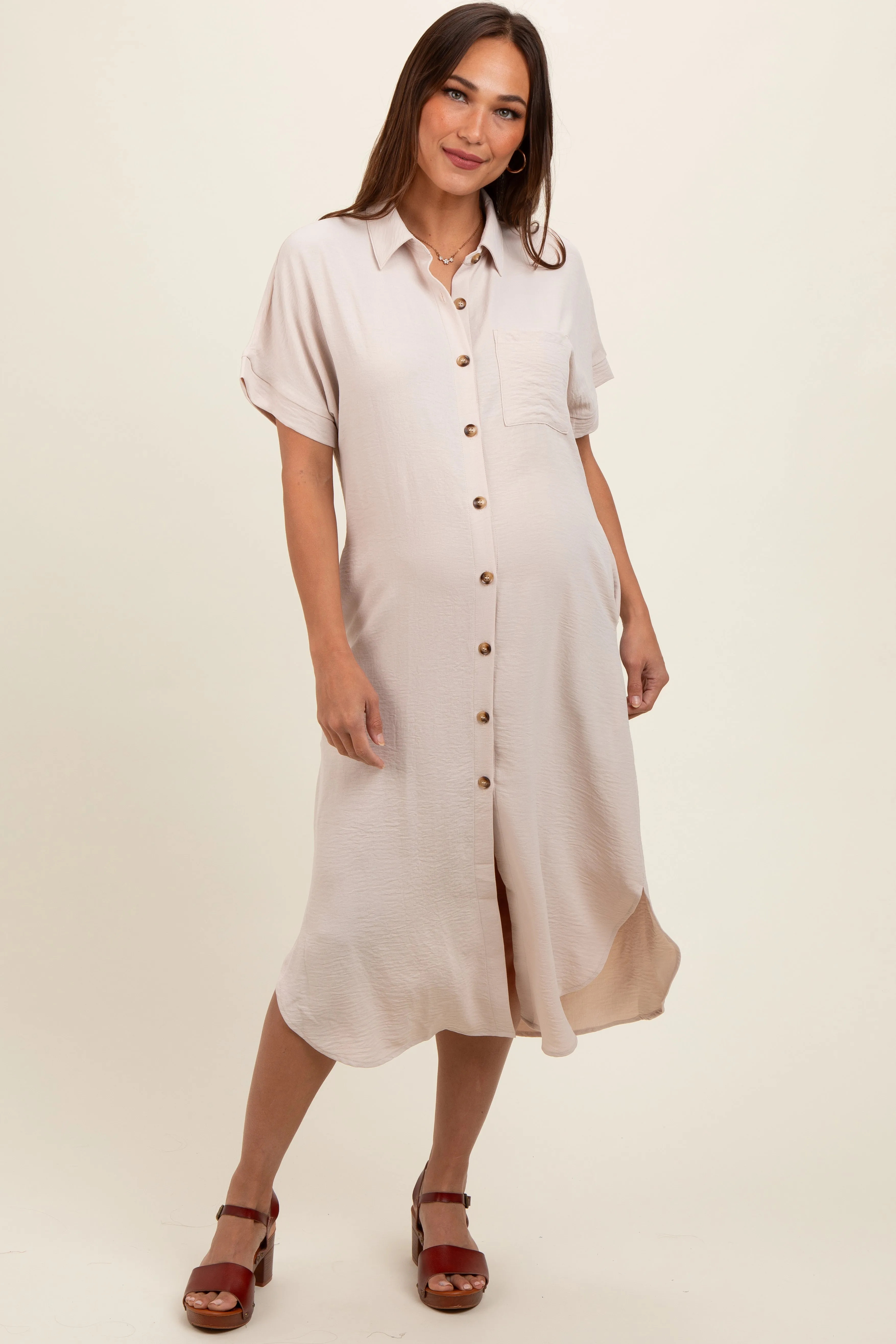 Beige Button Down Front Pocket Maternity Midi Dress sold by Pinkblush product image thumbnail 2