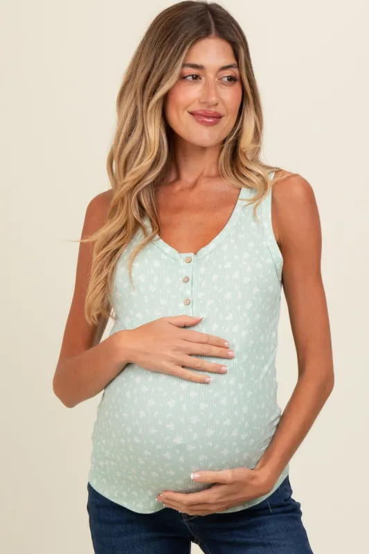 Mint Green Floral Ribbed Henley Maternity Tank Top sold by Pinkblush
