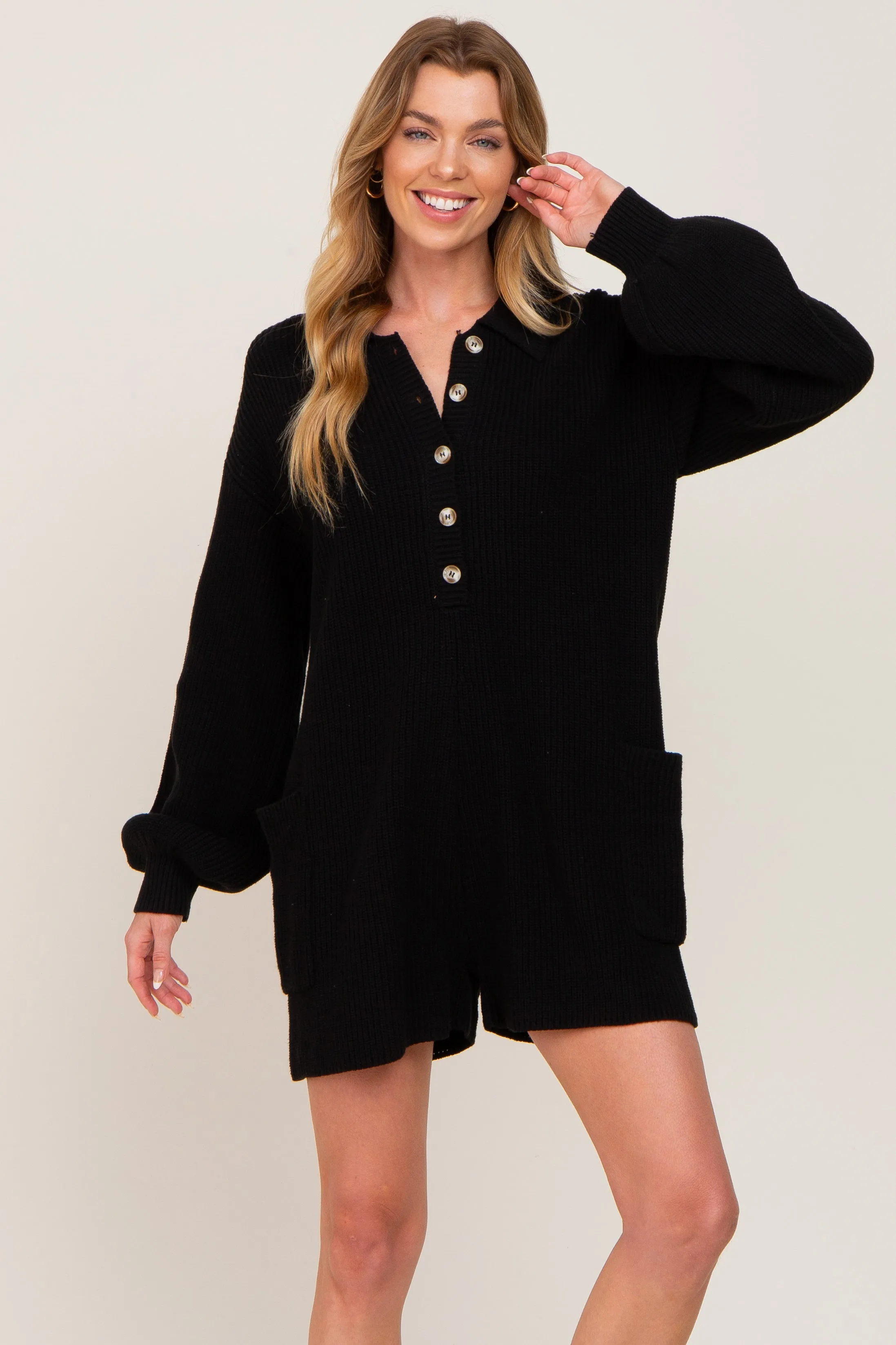 Black Button Down Sweater Romper sold by Pinkblush