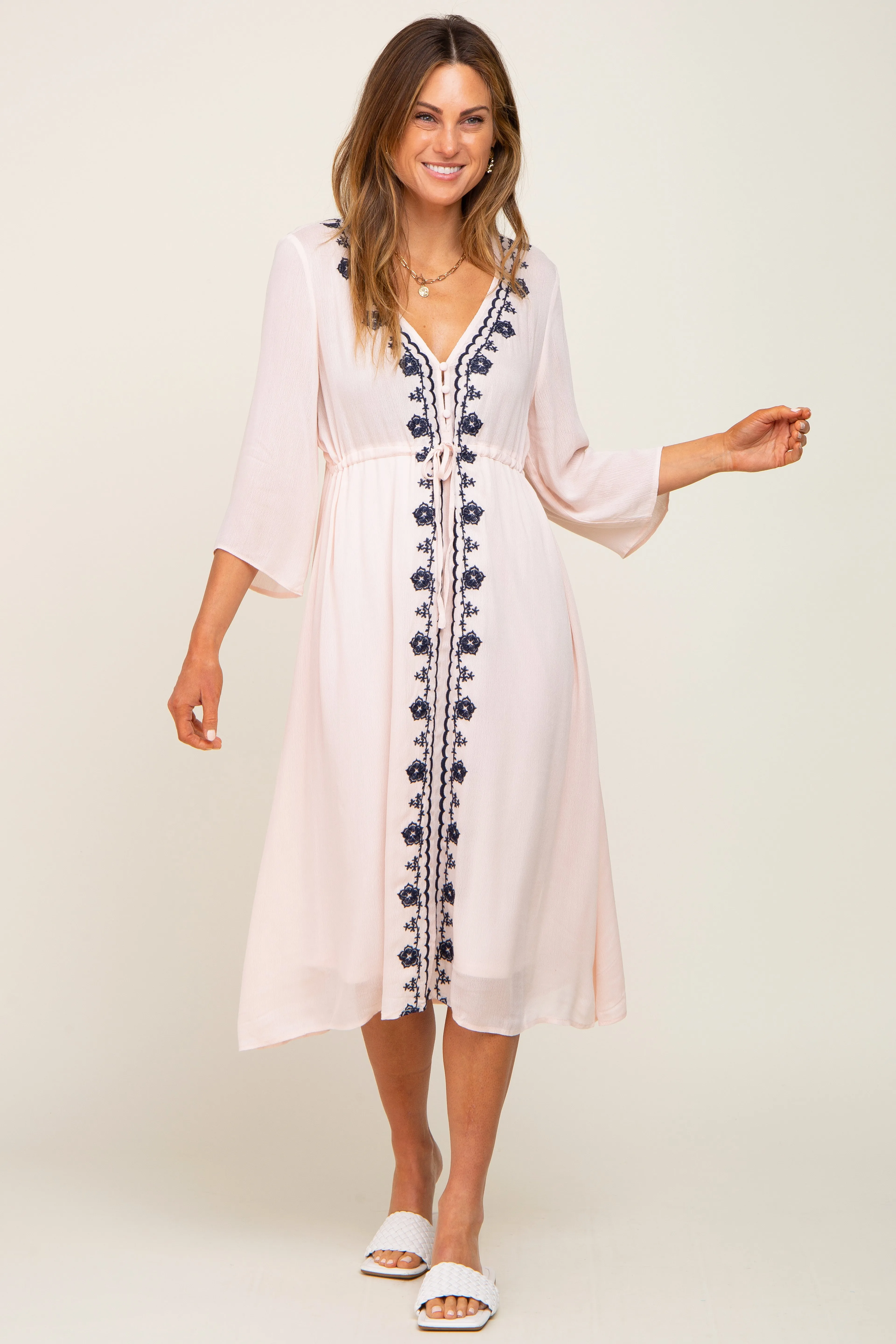 Light Pink Floral Embroidered 3/4 Sleeve Midi Dress sold by Pinkblush product image thumbnail 5