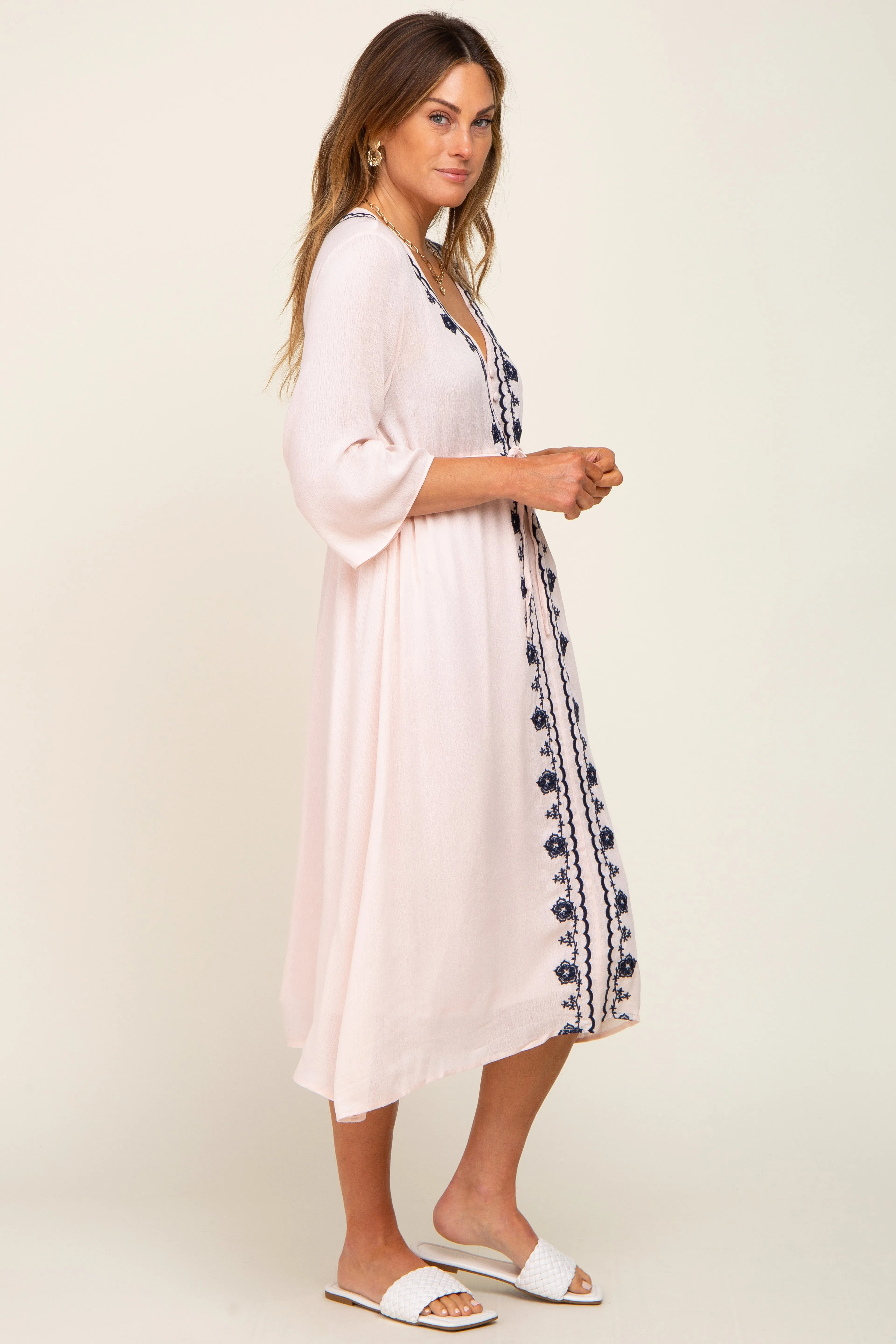 Light Pink Floral Embroidered 3/4 Sleeve Midi Dress sold by Pinkblush product image thumbnail 2