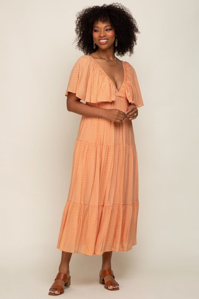 Peach Textured Stripe Deep V-Neck Layered Sleeve Maxi Dress sold by Pinkblush product image thumbnail 4