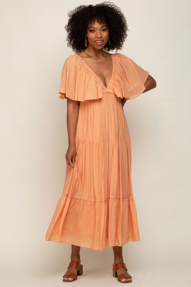 Peach Textured Stripe Deep V-Neck Layered Sleeve Maxi Dress sold by Pinkblush