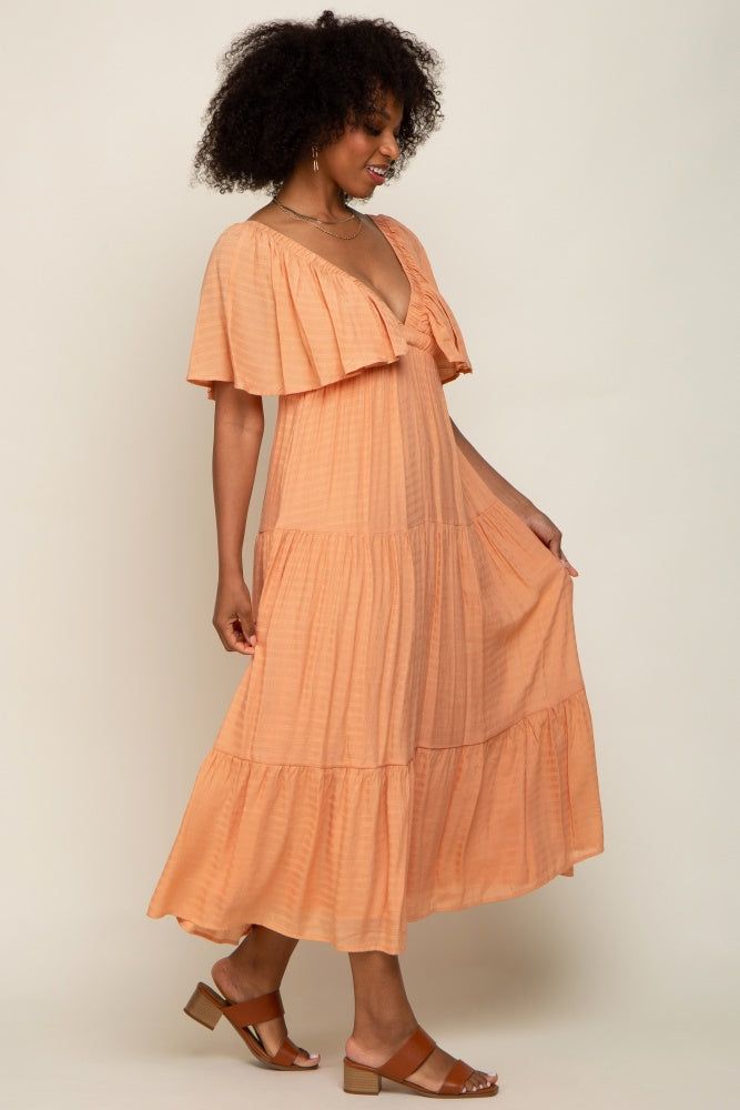 Peach Textured Stripe Deep V-Neck Layered Sleeve Maxi Dress sold by Pinkblush product image thumbnail 2