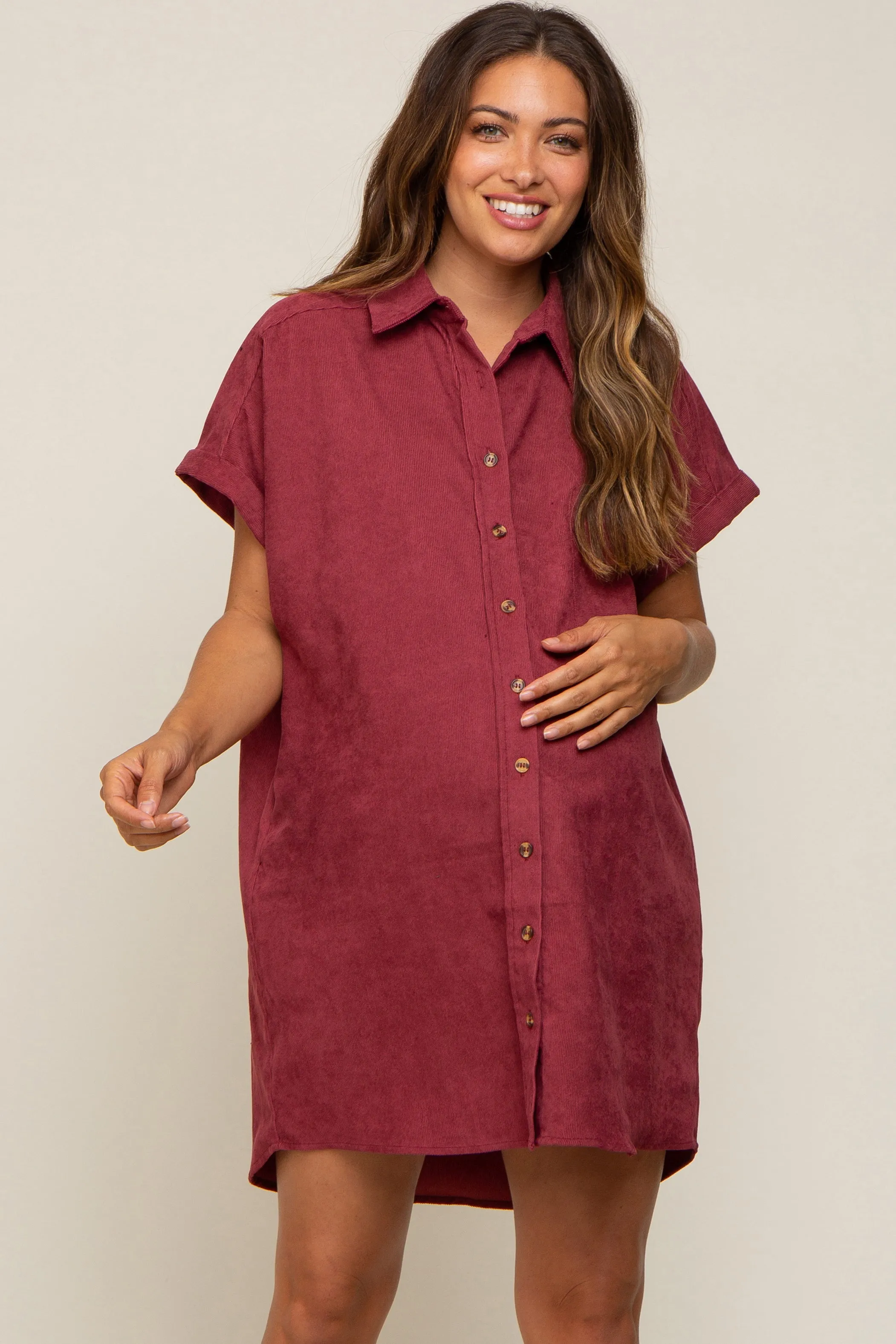 Burgundy Ribbed Button Down Maternity Mini Dress sold by Pinkblush product image thumbnail 2