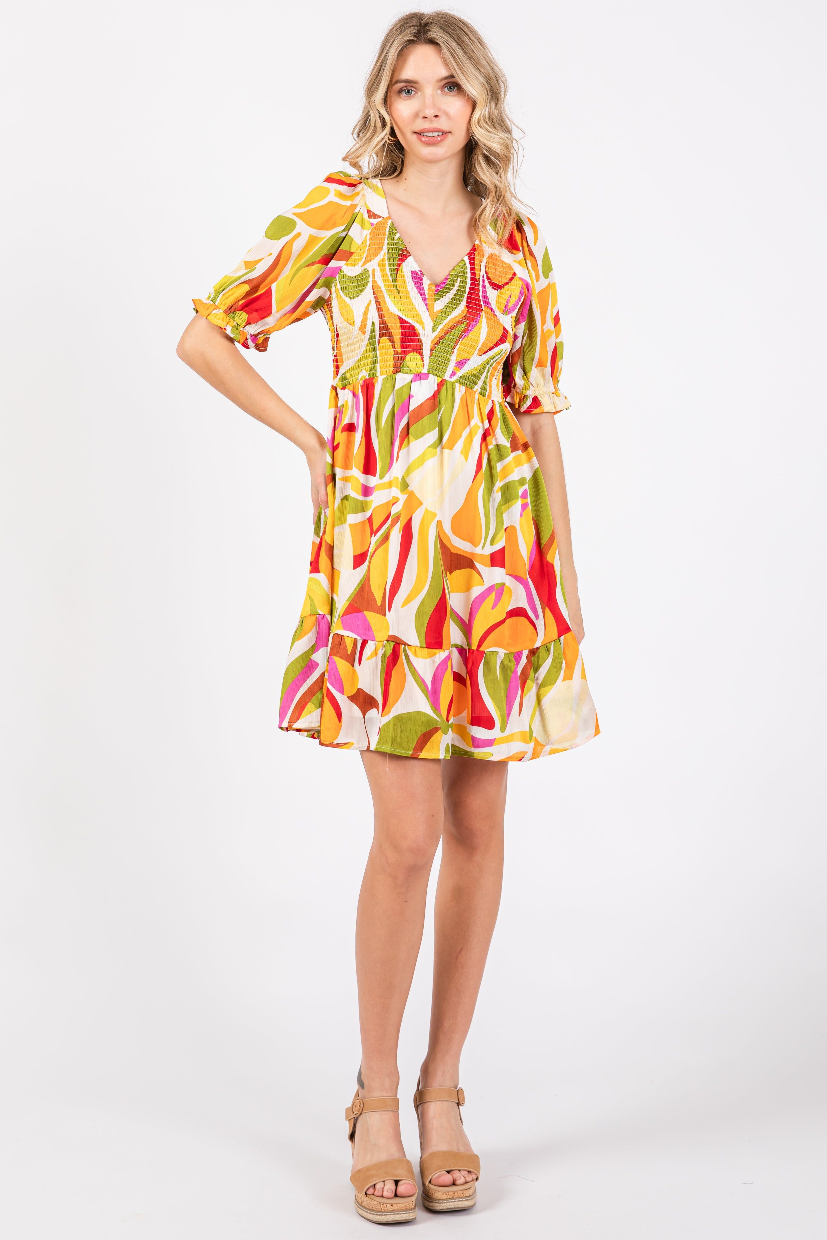 Yellow Abstract Print Smocked Dress sold by Pinkblush product image thumbnail 2