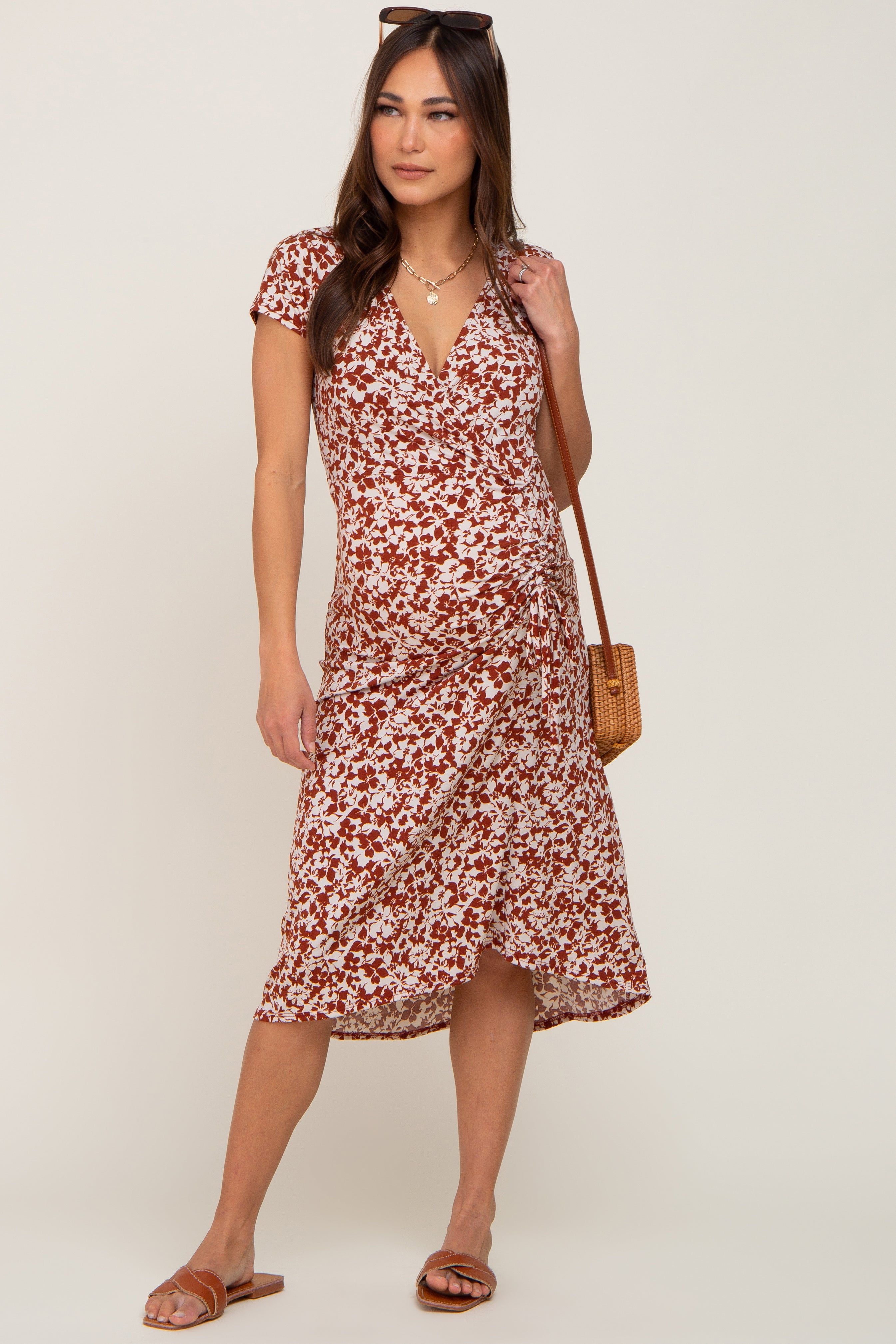 Rust Floral Wrap Front Ruched Hi-Low Maternity Midi Dress sold by Pinkblush product image thumbnail 6