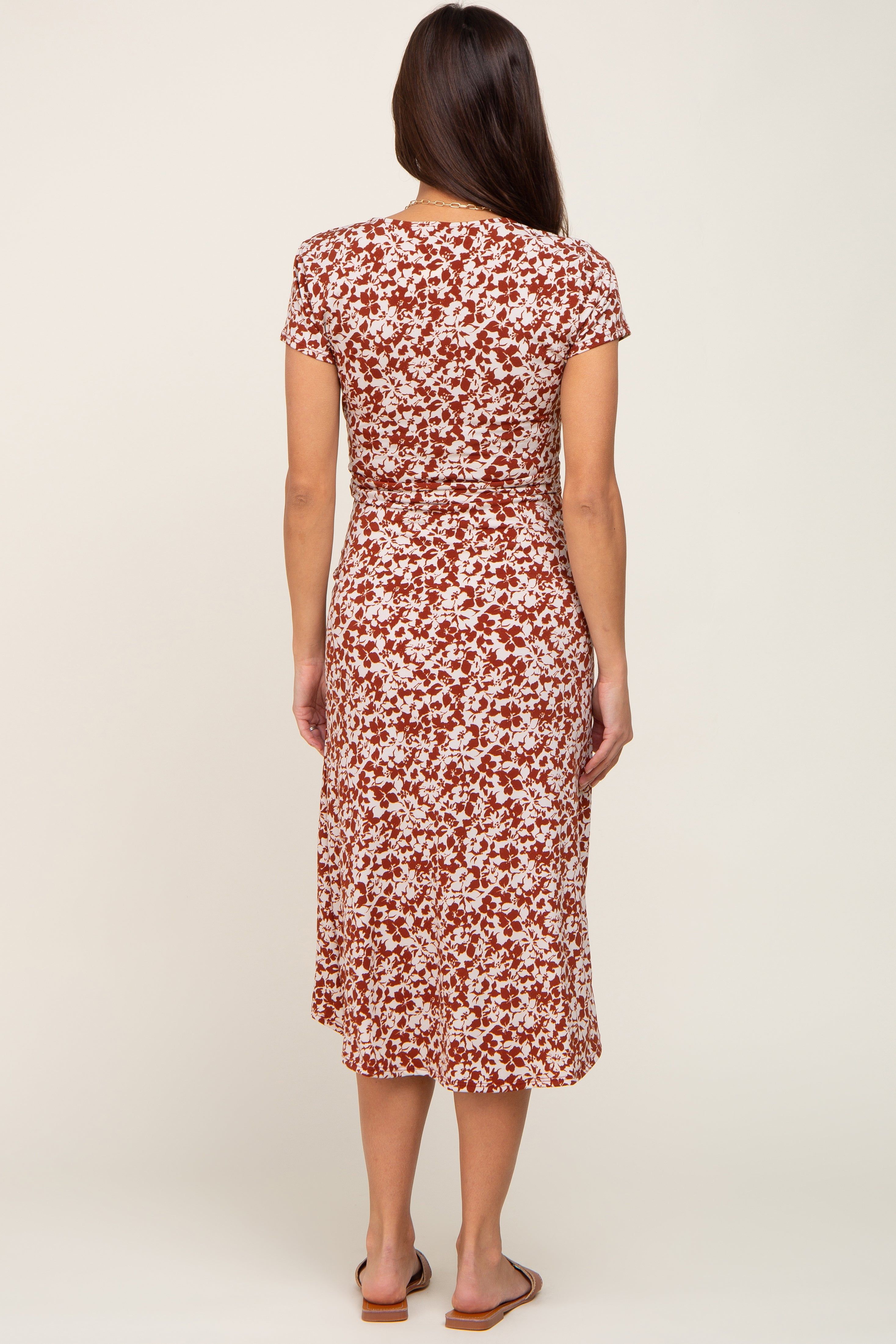 Rust Floral Wrap Front Ruched Hi-Low Maternity Midi Dress sold by Pinkblush product image thumbnail 3