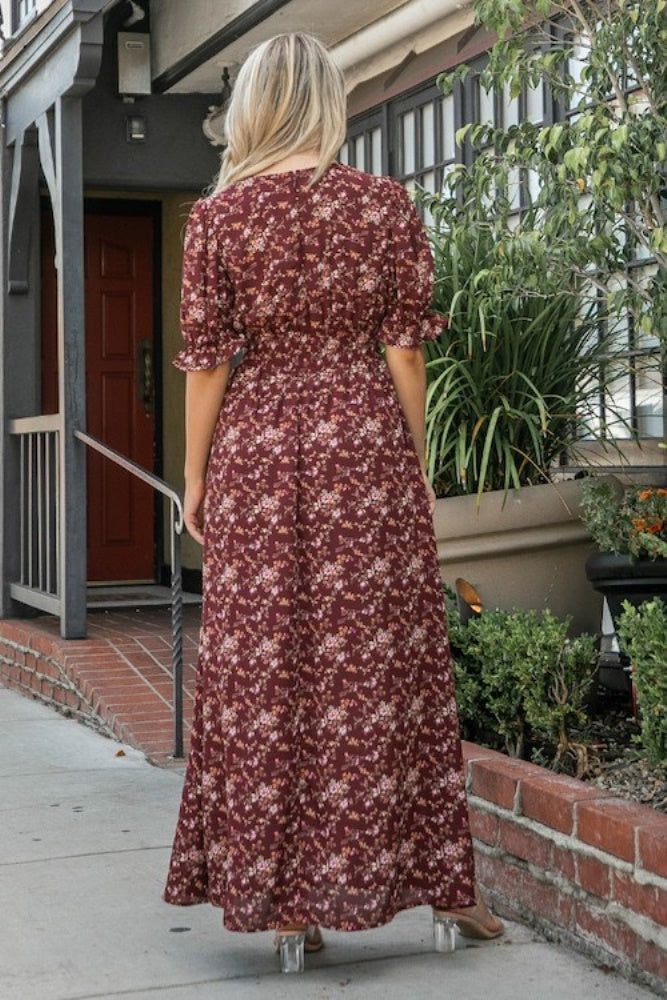 Burgundy Puff Sleeve Maxi Dress sold by Pinkblush product image thumbnail 3