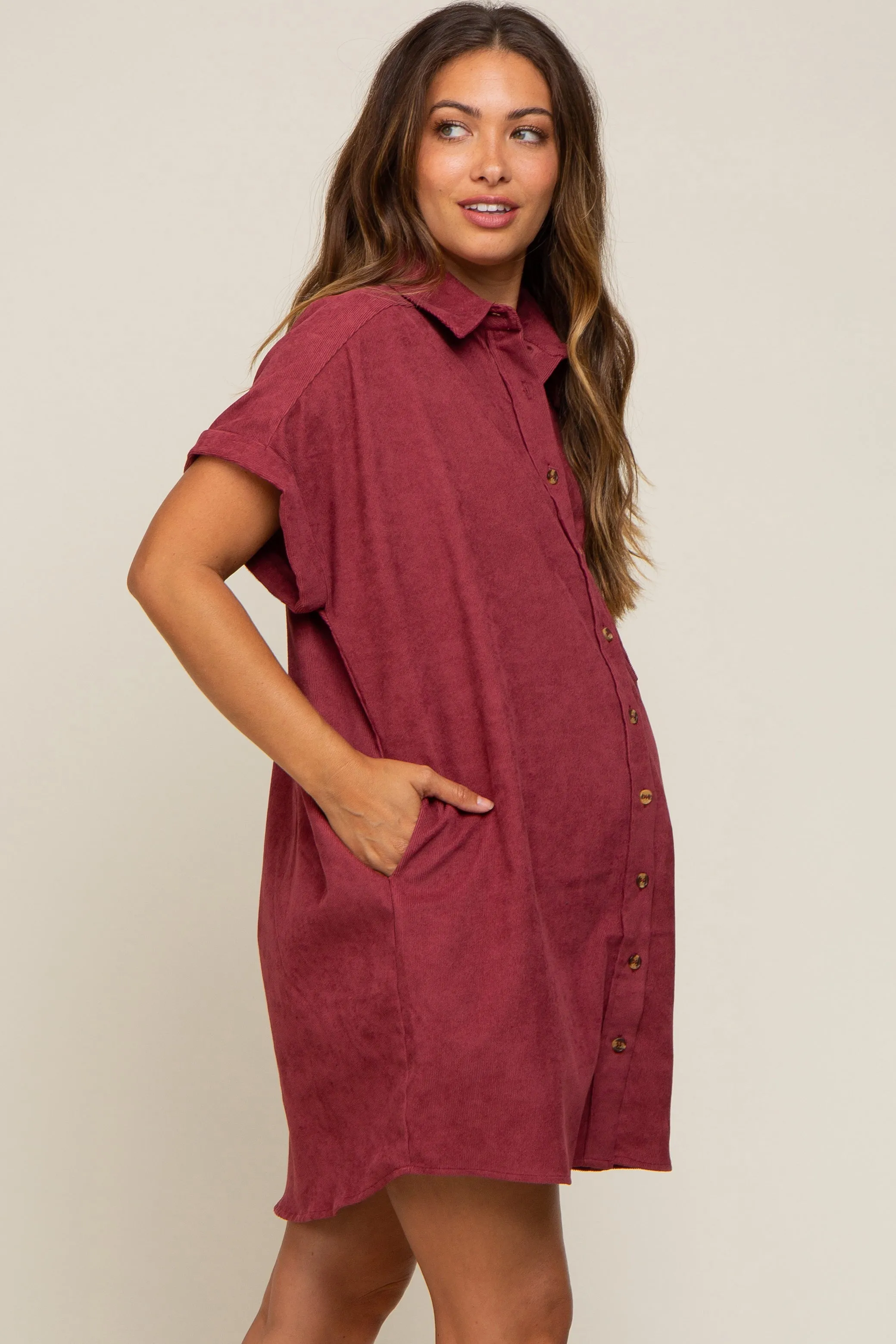 Burgundy Ribbed Button Down Maternity Mini Dress sold by Pinkblush product image thumbnail 3